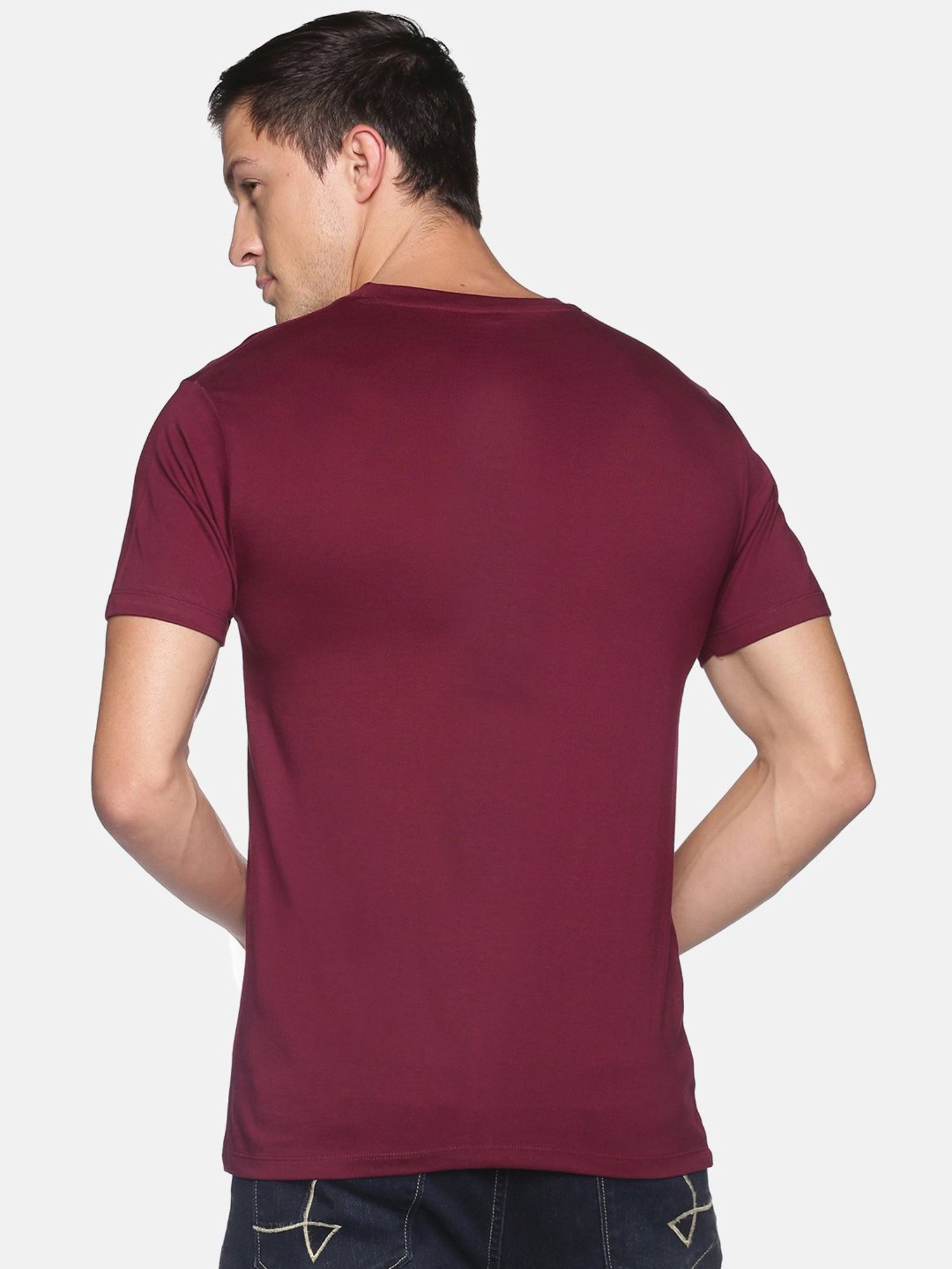 BLACK RADIO Maroon Slim Fit Printed Cotton Crew T-Shirt
