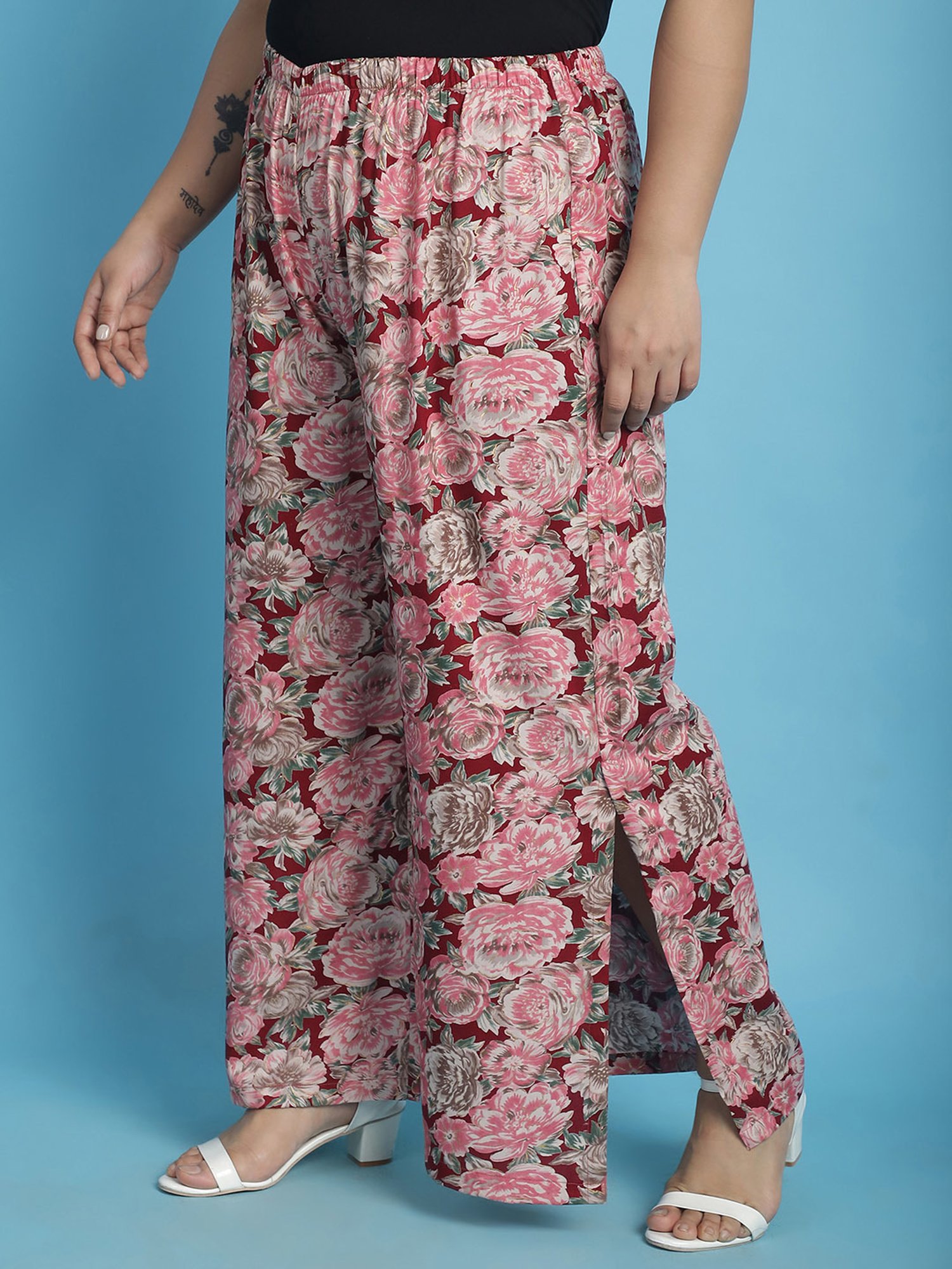 theRebelinme Maroon Floral Print High Rise Regular Fit Palazzos