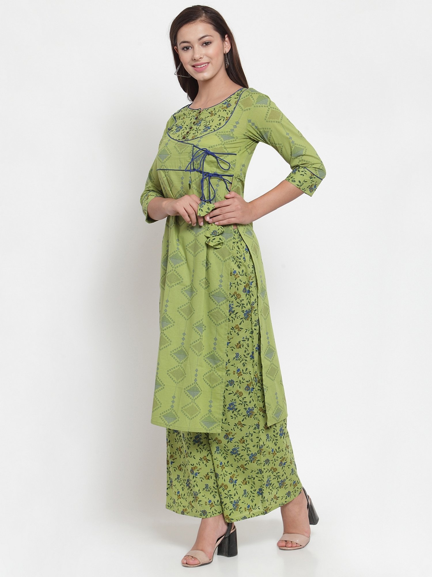 Indibelle Green Cotton Printed Straight Kurta