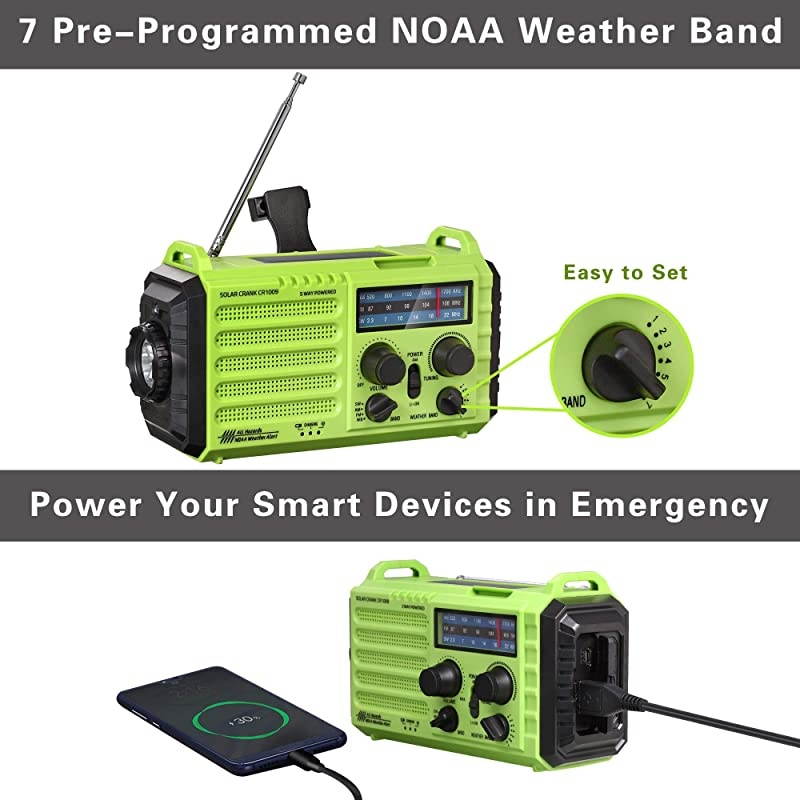Weather Radio  Emergency Hand Crank Portable Radio Solar Power AMFMSWNOAA Weather Radio with 2000mAh Power Bank Phone Charger 3W LED Flashlight Reading Lamp 7 Weather Band SOS Alarm
