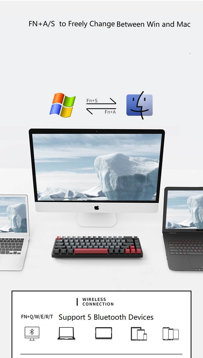 Royal Kludge RK837  68Keys Mini Layout Bluetooth and USB Wired Dual Mode Mechanical Keyboard, PBT Keycaps, Cherry MX Switch, White Backlit-Light Through Version