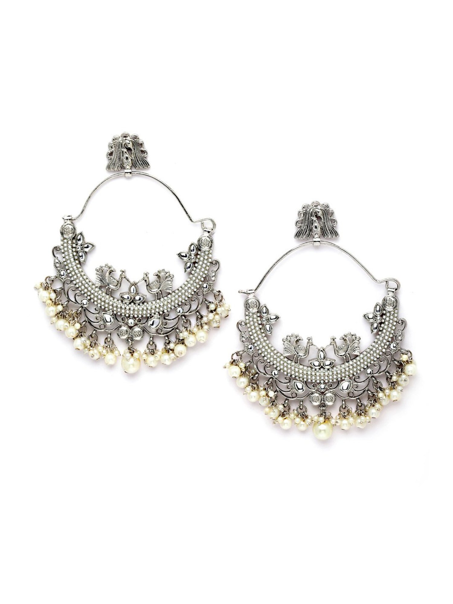 Karatcart Oxidized Silver Embellished Kundan and Pearl Large Chand Bali Earrings for Women