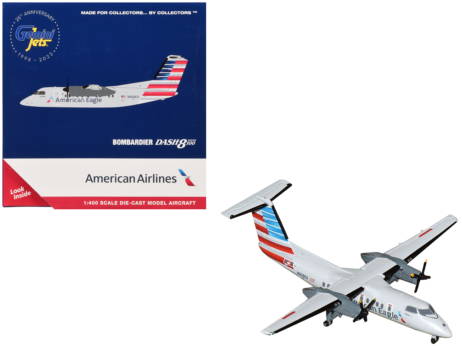 Bombardier Dash 8-100 Commercial Aircraft "American Airlines - American Eagle" (N808EX) Gray with Striped Tail 1/400 Diecast Model Airplane by GeminiJets