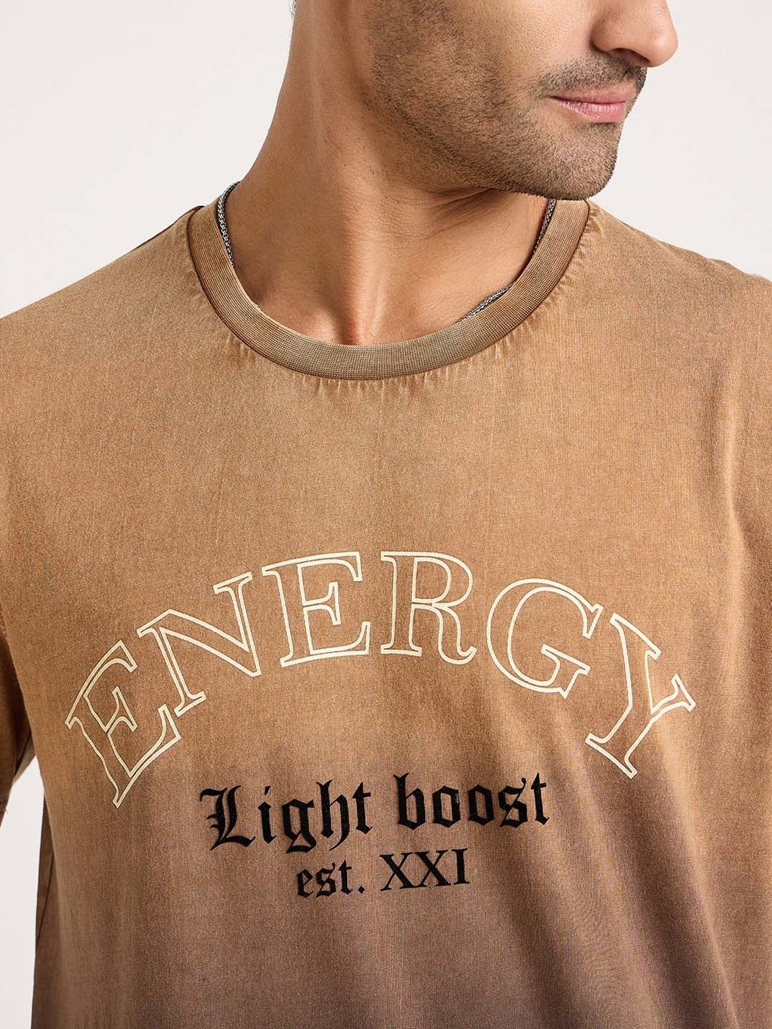 EDRIO Brown Regular Fit Printed Crew T-Shirt