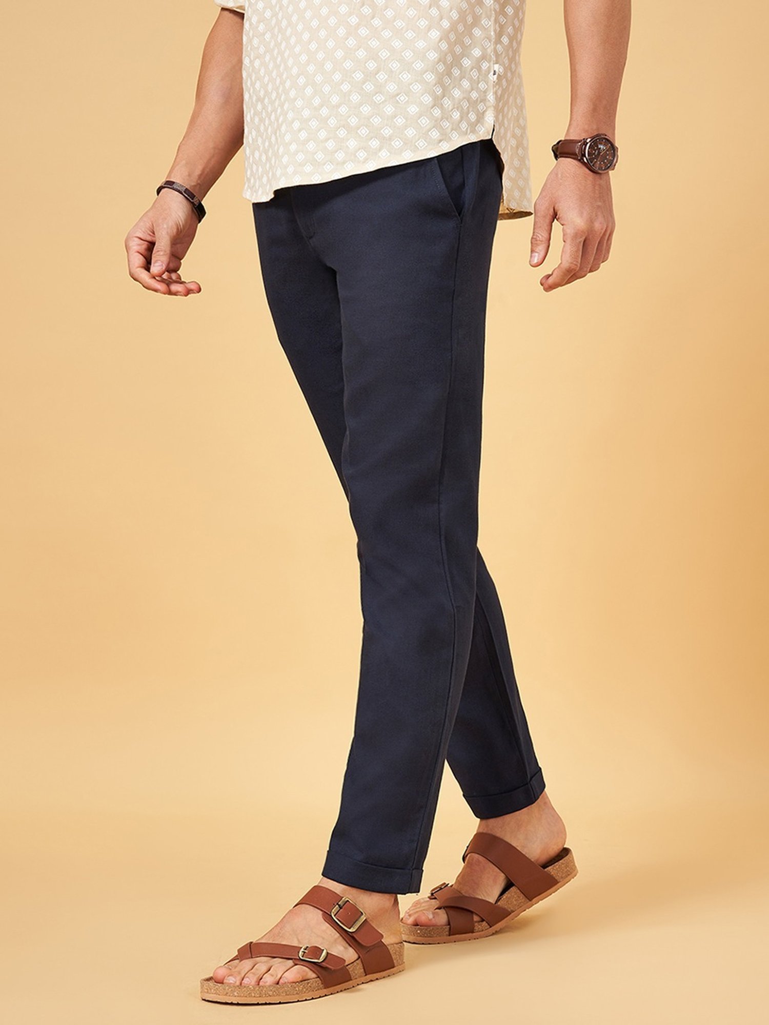 Indus Route by Pantaloons Dark Navy Cotton Regular Fit Trousers