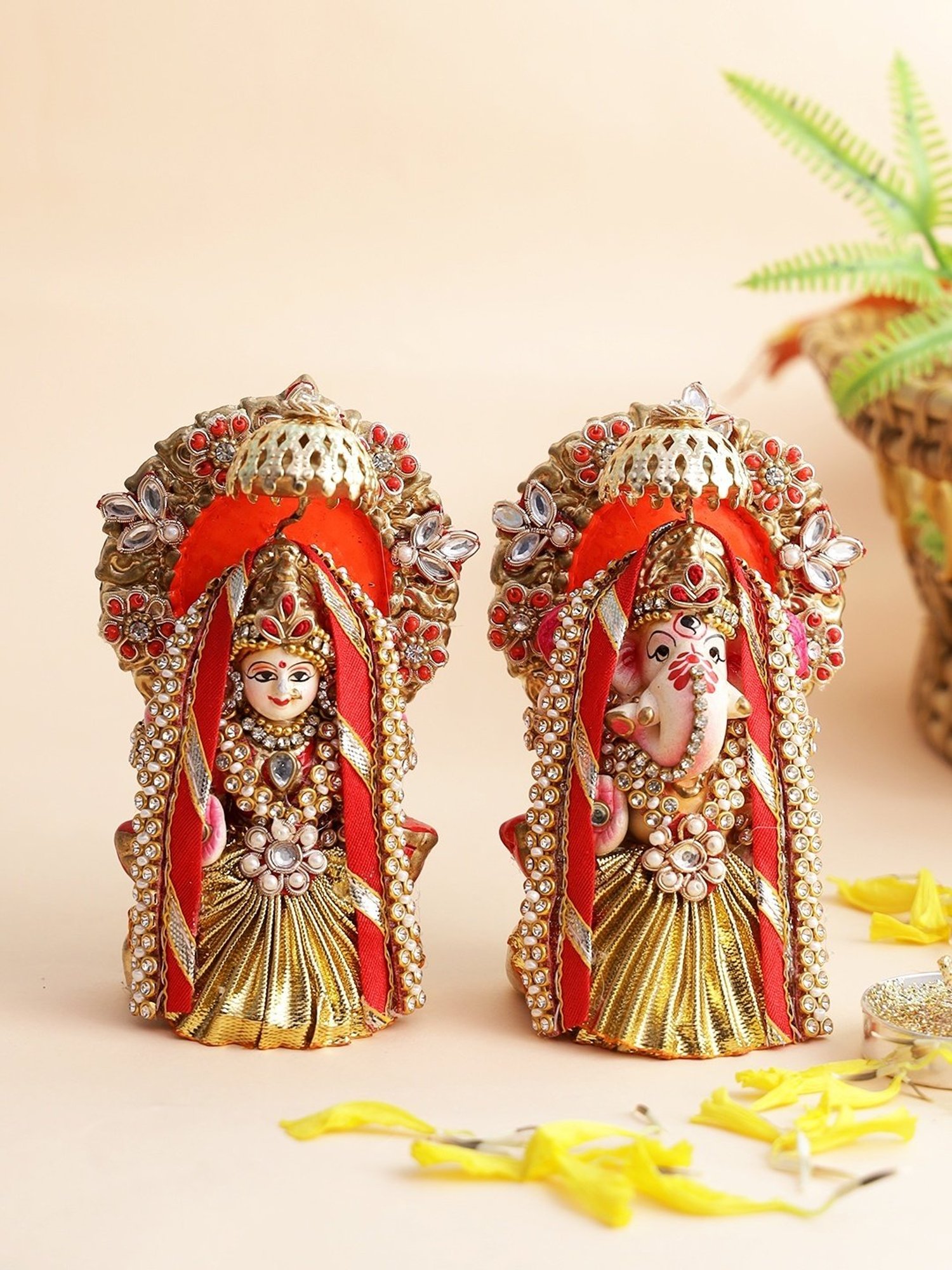Aapno Rajasthan Solid Multicolor Terracotta Laxmi & Ganesh Idol - Set of 2