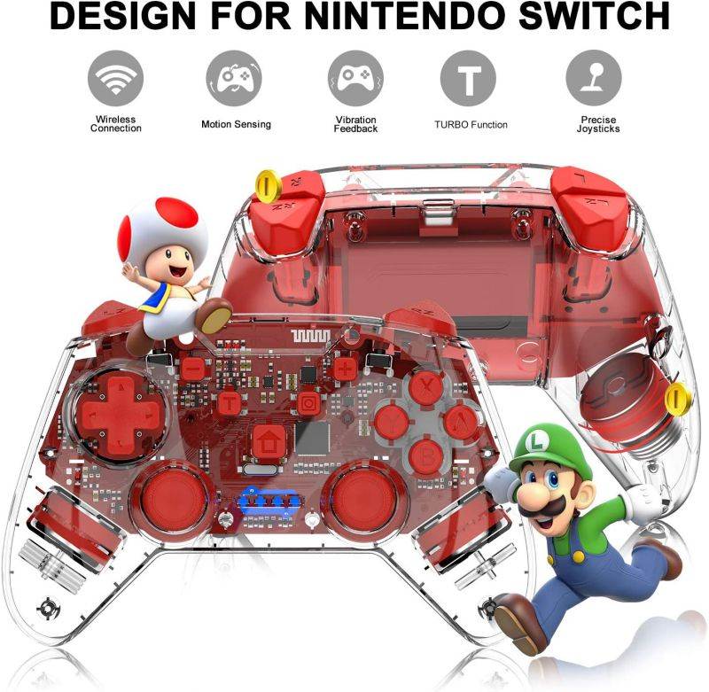 CUUWE Wireless Transparent Switch Controller, Wireless Pro Bluetooth Connection Controller,  for Switch The Remote Game Board With Joystick, Adjustable Turbo Vibration Game Handle