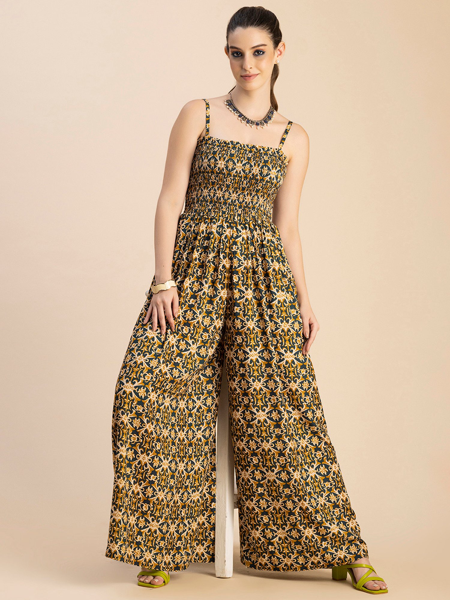 Moomaya Teal & Mustard Printed Jumpsuit