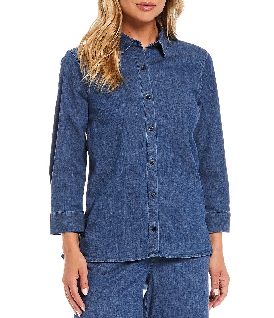 Kasper Hi-Low Stretch Denim Top Stitch Long Sleeve Top