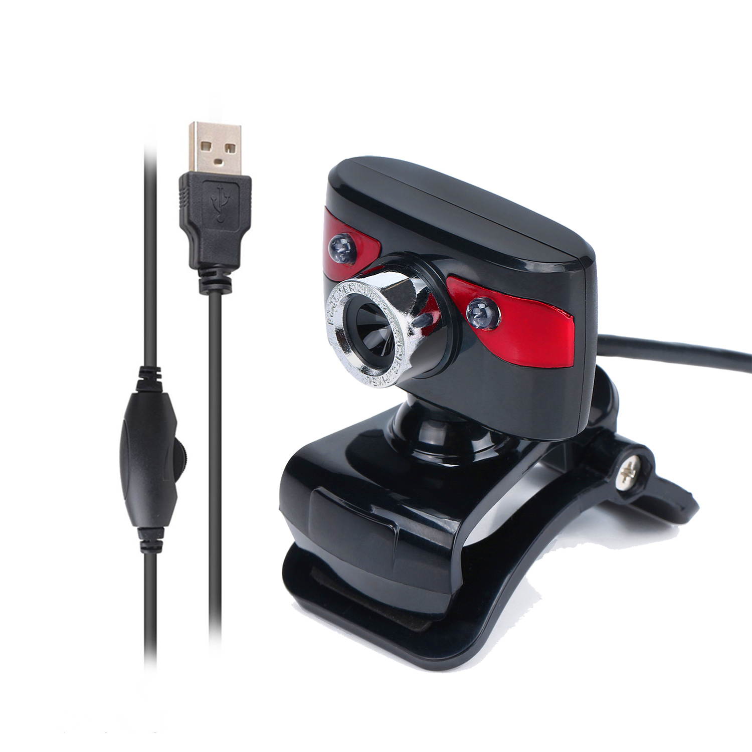 A886 12.0M Pixels Drive-free Computer Camera with 2 LED Lights Night Vision, 360 Degrees Rotatable Webcam Built-in 10m Sound-absorbing Microphone Black