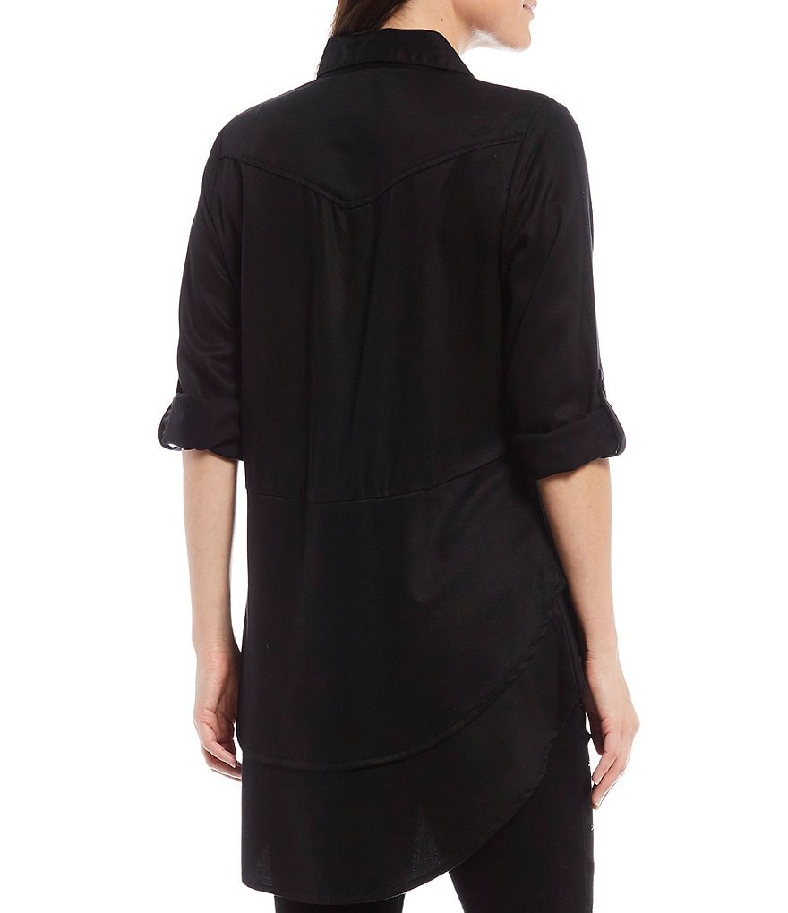 Reba Rodeo Roll-Tab Sleeve Hi-Low Layered Ruffle Button Front Shirt