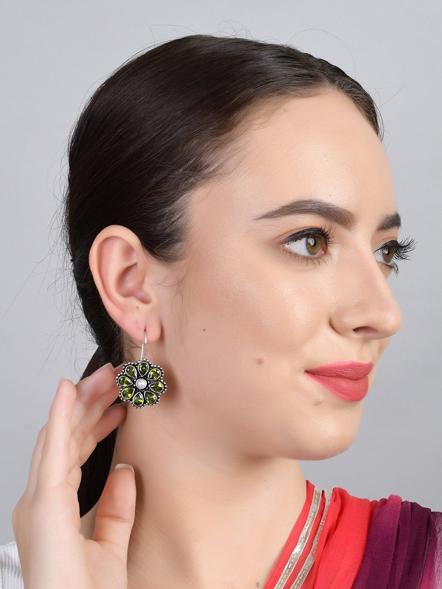 Imli Street Green-White Silver Stone-Studded Tone Handcrafted Drop Earrings