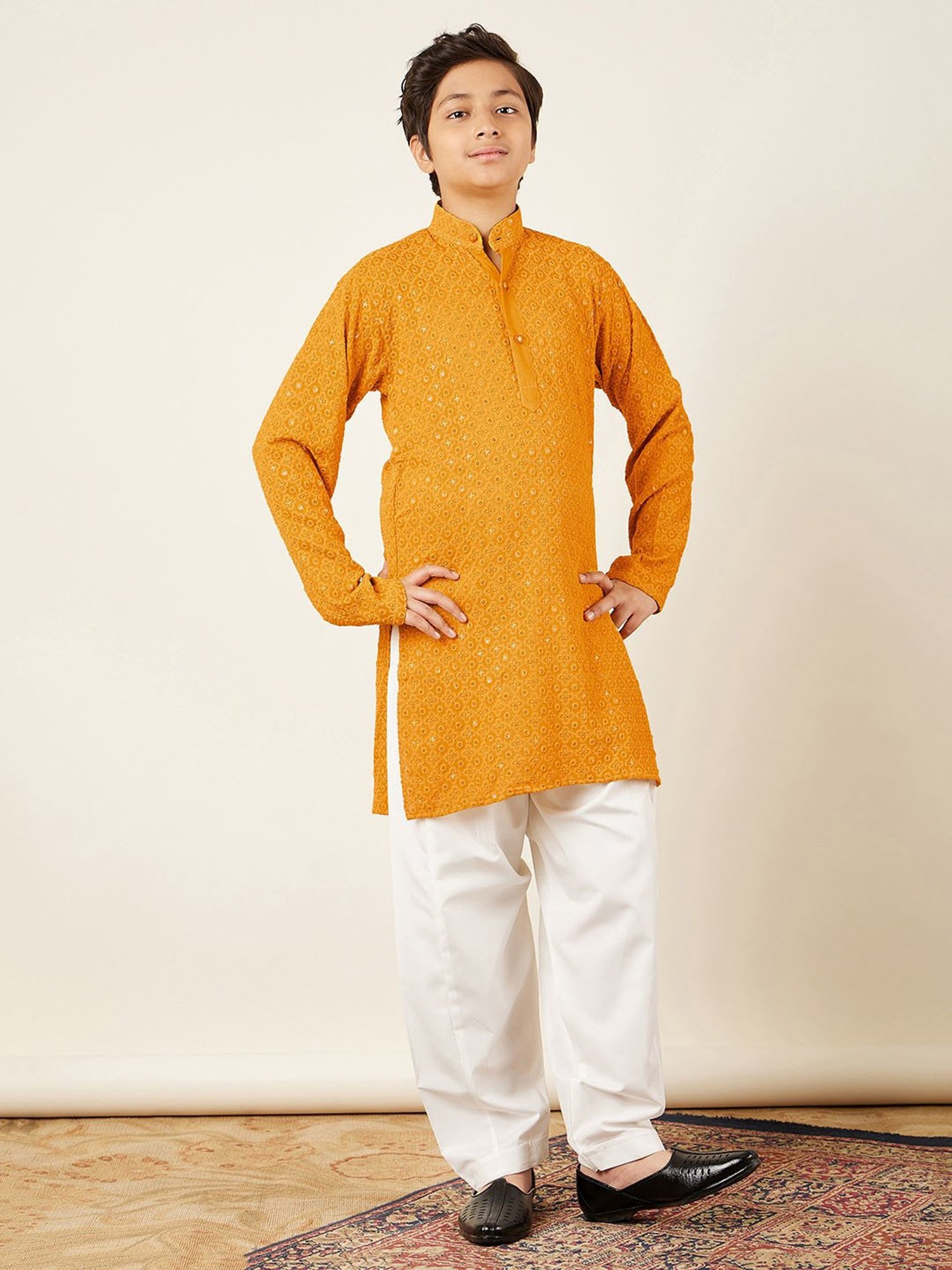 AJ Dezines Kids Yellow Embellished Full Sleeves Kurta with Salwar