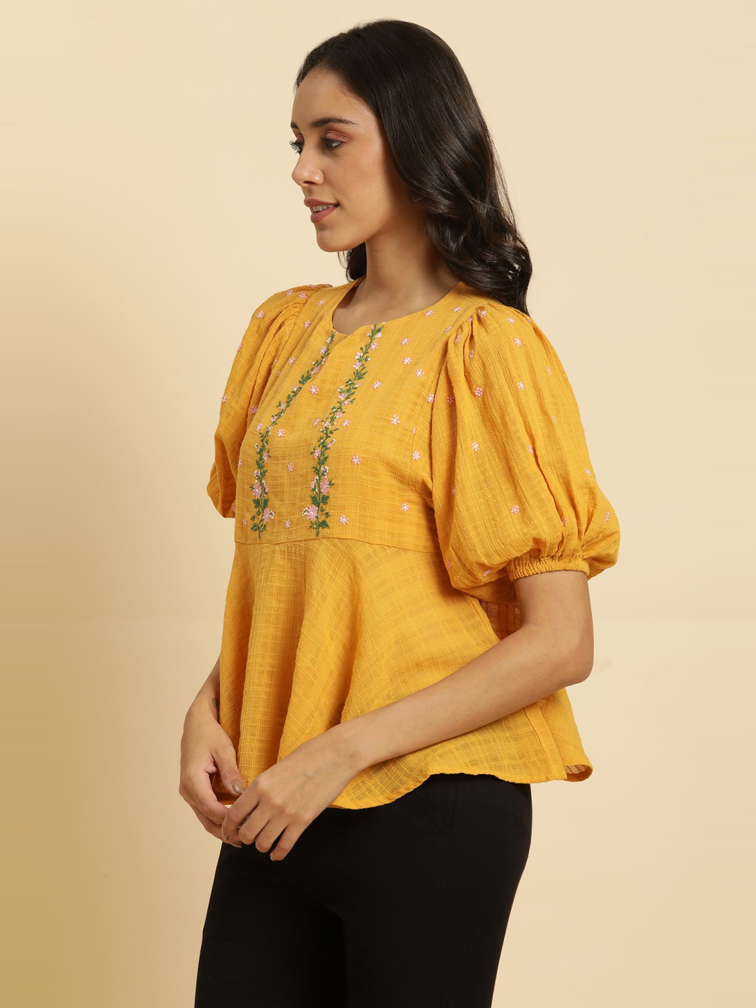 W Yellow Cotton Embroidered Top