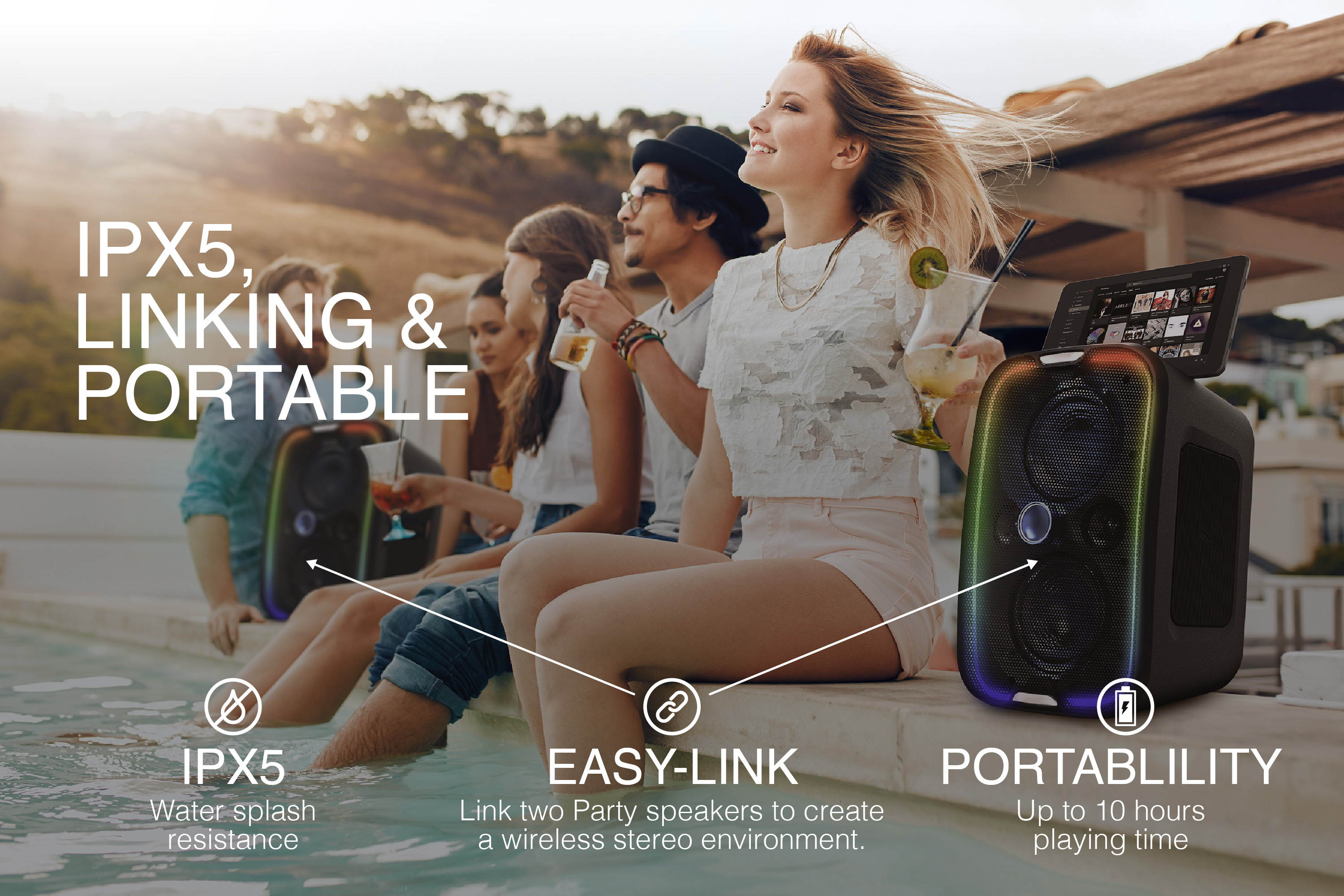 Brookstone Big Blue Go High Power Wireless Indoor/Outdoor Portable Speaker, Bluetooth, Built-in Qi Charging Pad, LED Party Lights, Karaoke Mic Input, High-Res Audio, Intense Bass, IPX5, Tap-to-Link