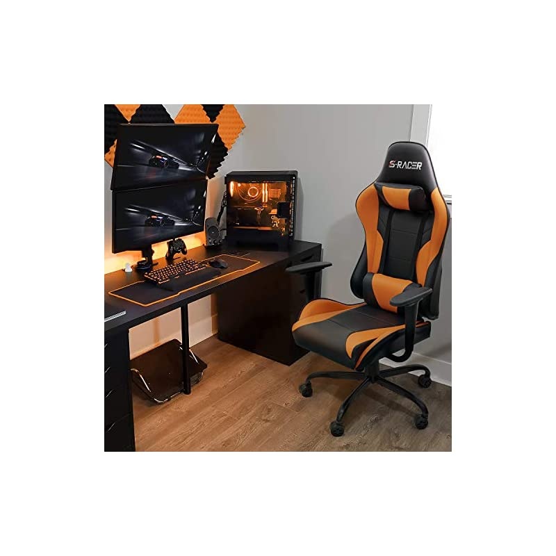 Gaming Office Chair Computer Chair High Back Racing Desk Chair PU Leather Adjustable Seat Height Swivel Chair Ergonomic Executive Chair with Headrest for Adults (Orange)