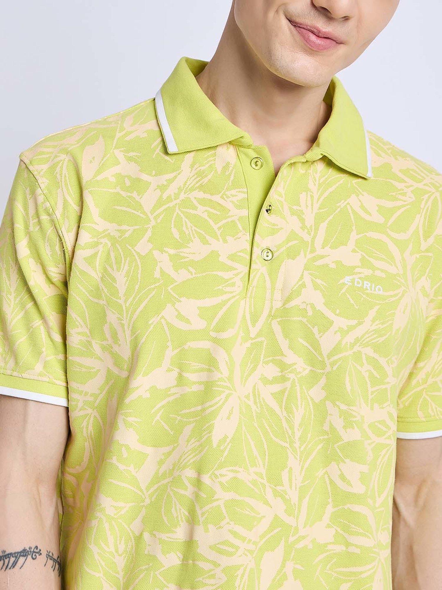 EDRIO Lime Green Regular Fit Printed Polo T-Shirt