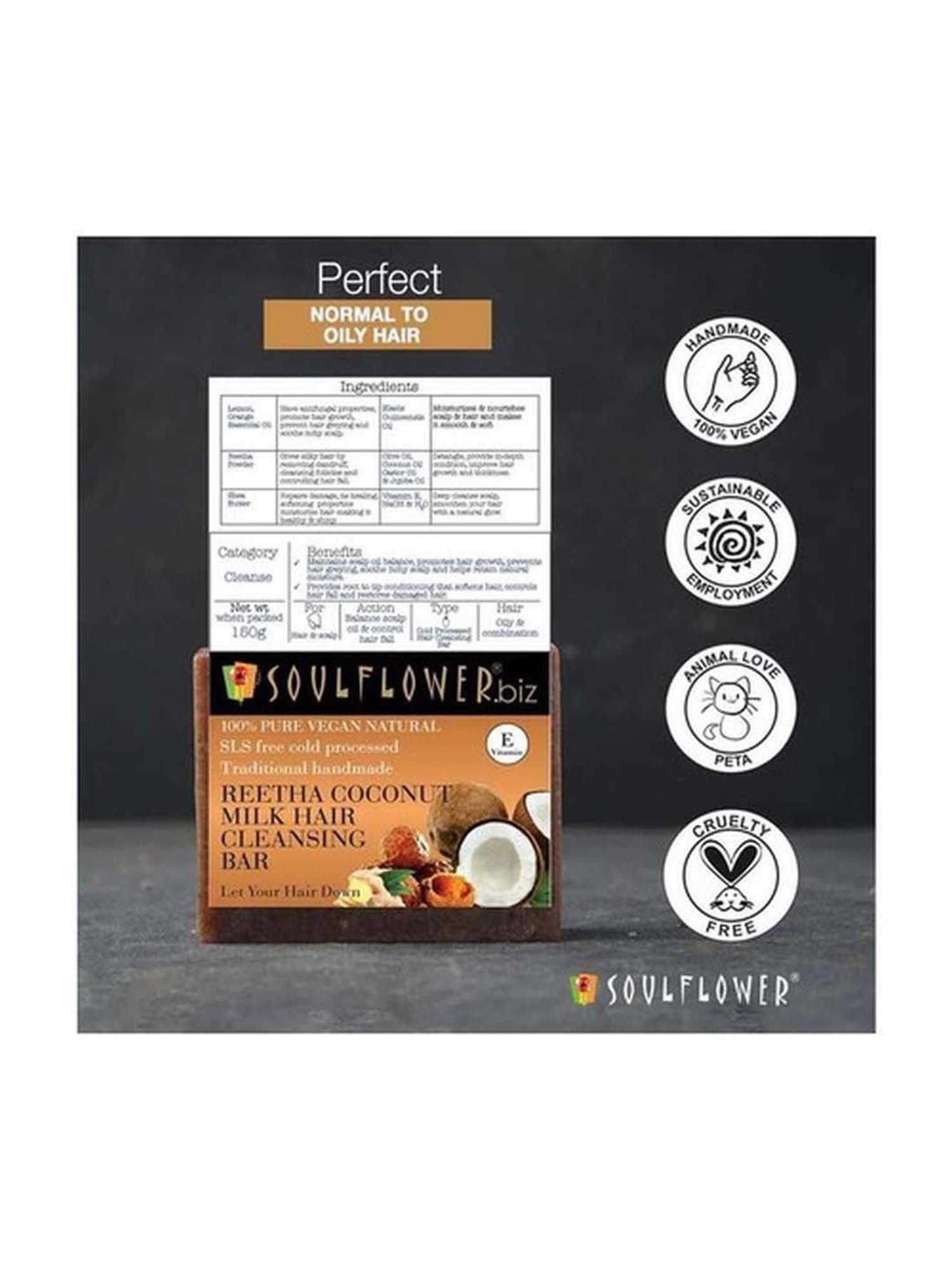 Soulflower Reetha Coconut Milk Hair Cleansing Bar Soap - 150 gm