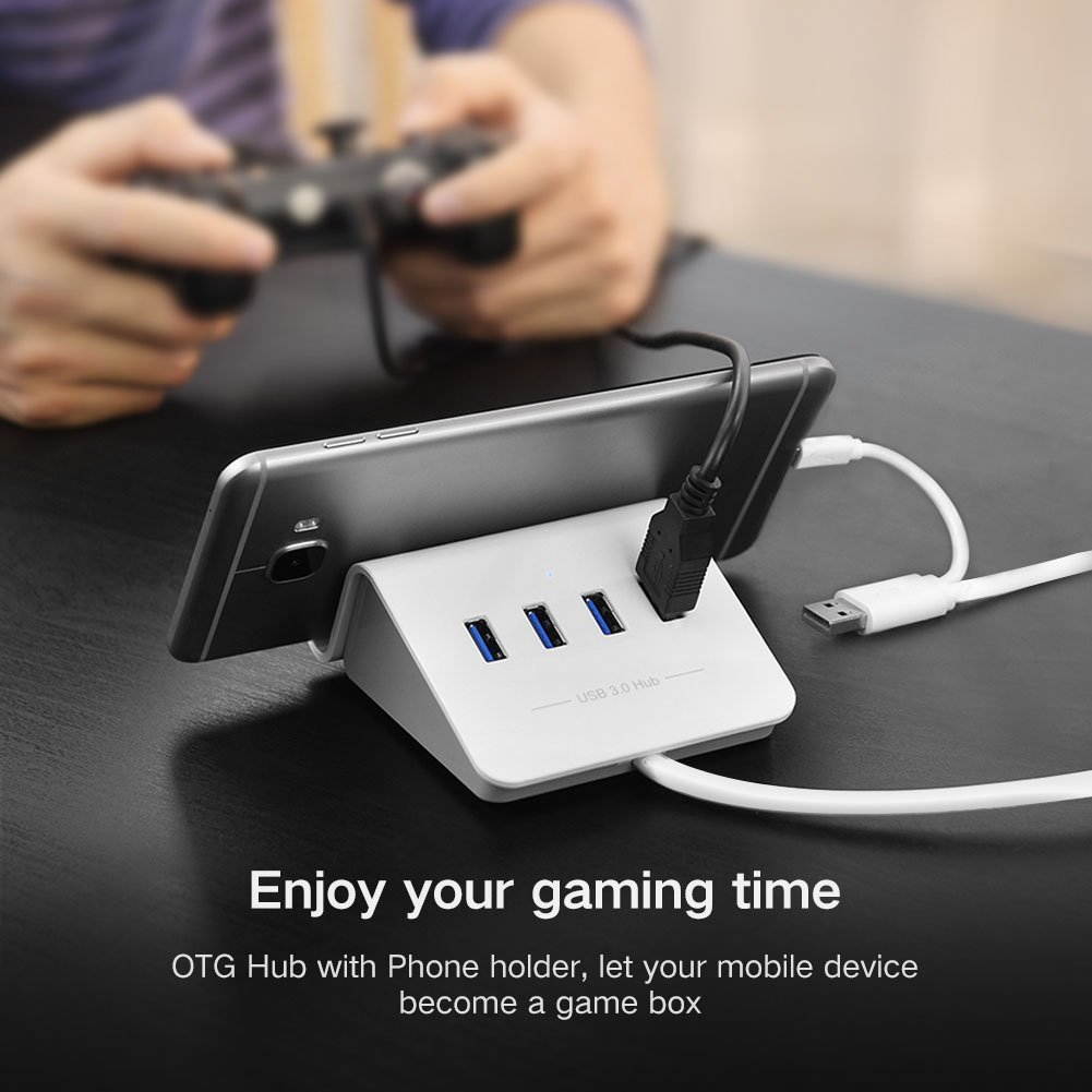 4 Port USB 3.0 OTG Data Hub Adapter with Micro USB 2.0 On-The-Go Function Built-in 3.3ft Cable and Phone Stand for Samsung Galaxy S7 S6 S6 Edge S5 S4 and More OTG Phones Tablets, PC or Mac