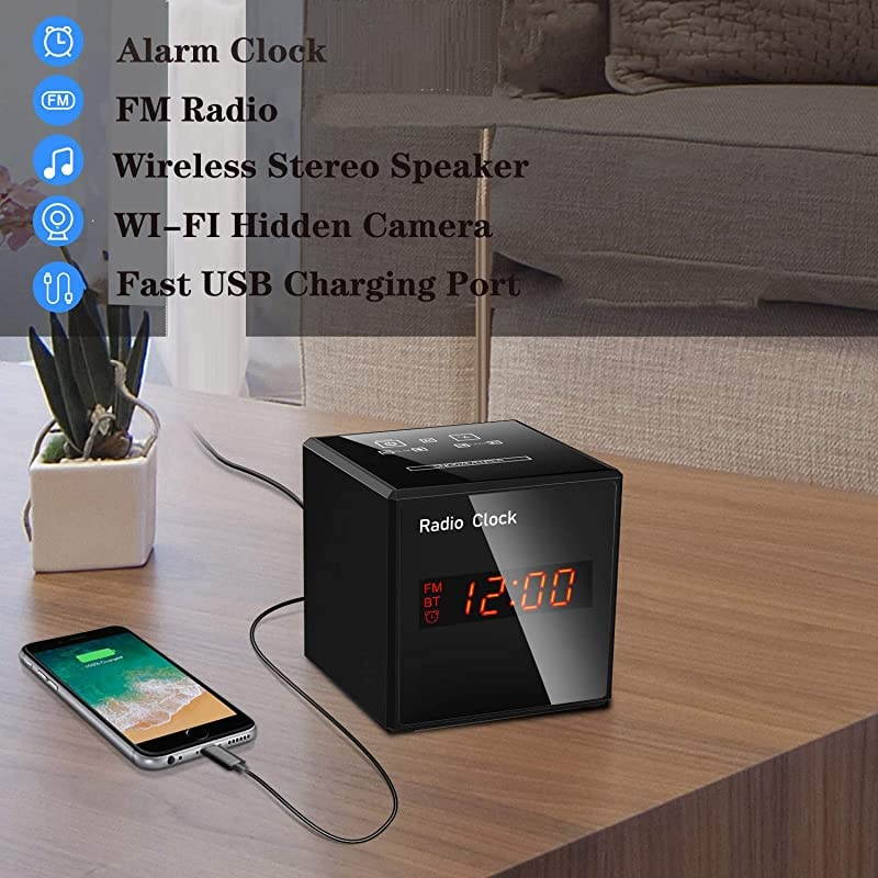 Cam Spy Camera Alarm Clock FM Radio Bluetooth Speaker 1080P Nanny Cams Wireless with Phone App Night Vision Motion Detection Storage 128GB