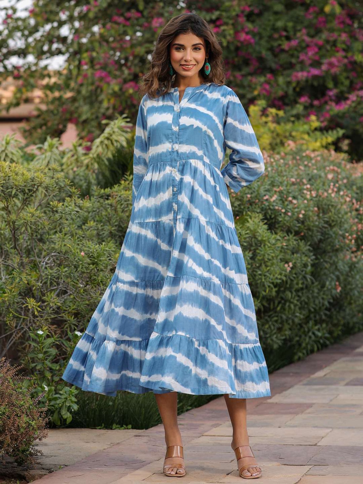 Rain and Rainbow Blue Cotton Tie & Dye A-Line Dress