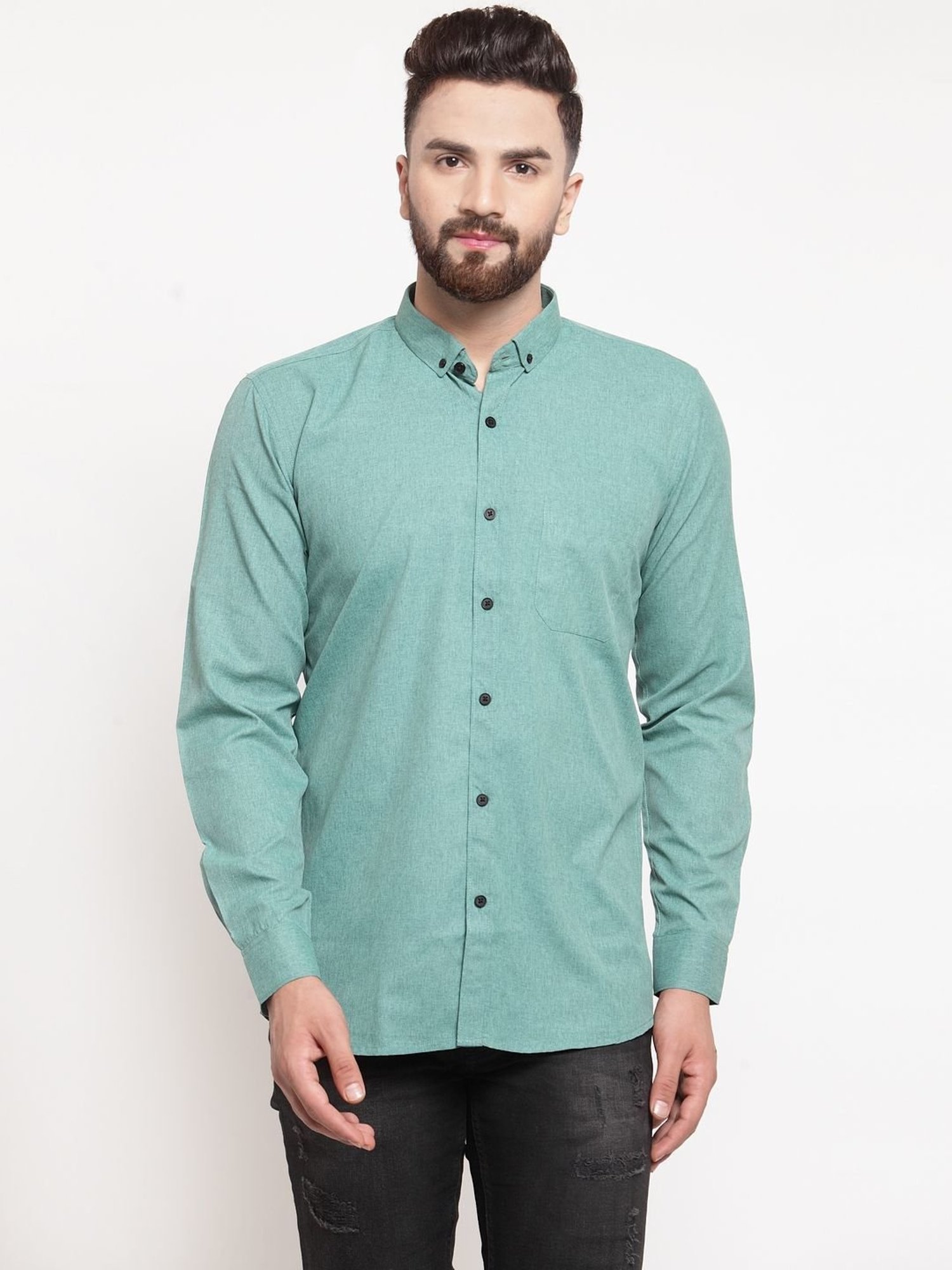 Jainish Green Cotton Regular Fit Shirt