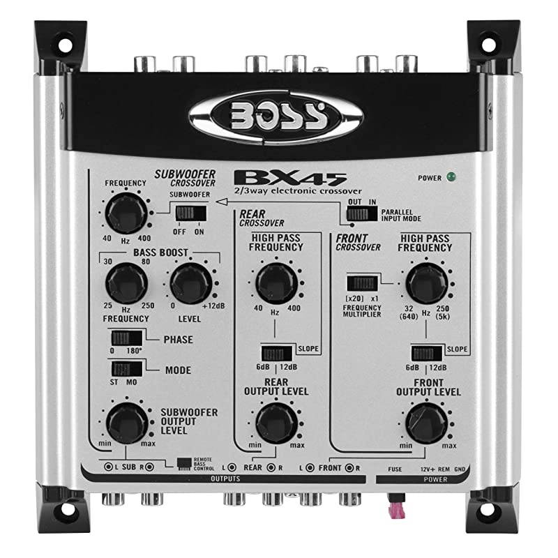 Systems Bx45 2 3 Way Preamp Car Electronic Crossover Variable High Pass Filter 40 Hz 8 Khz Selectable Crossover Slopes Selectable Phase Maximum Input Voltage 45 Volts SILVER AND BLACK