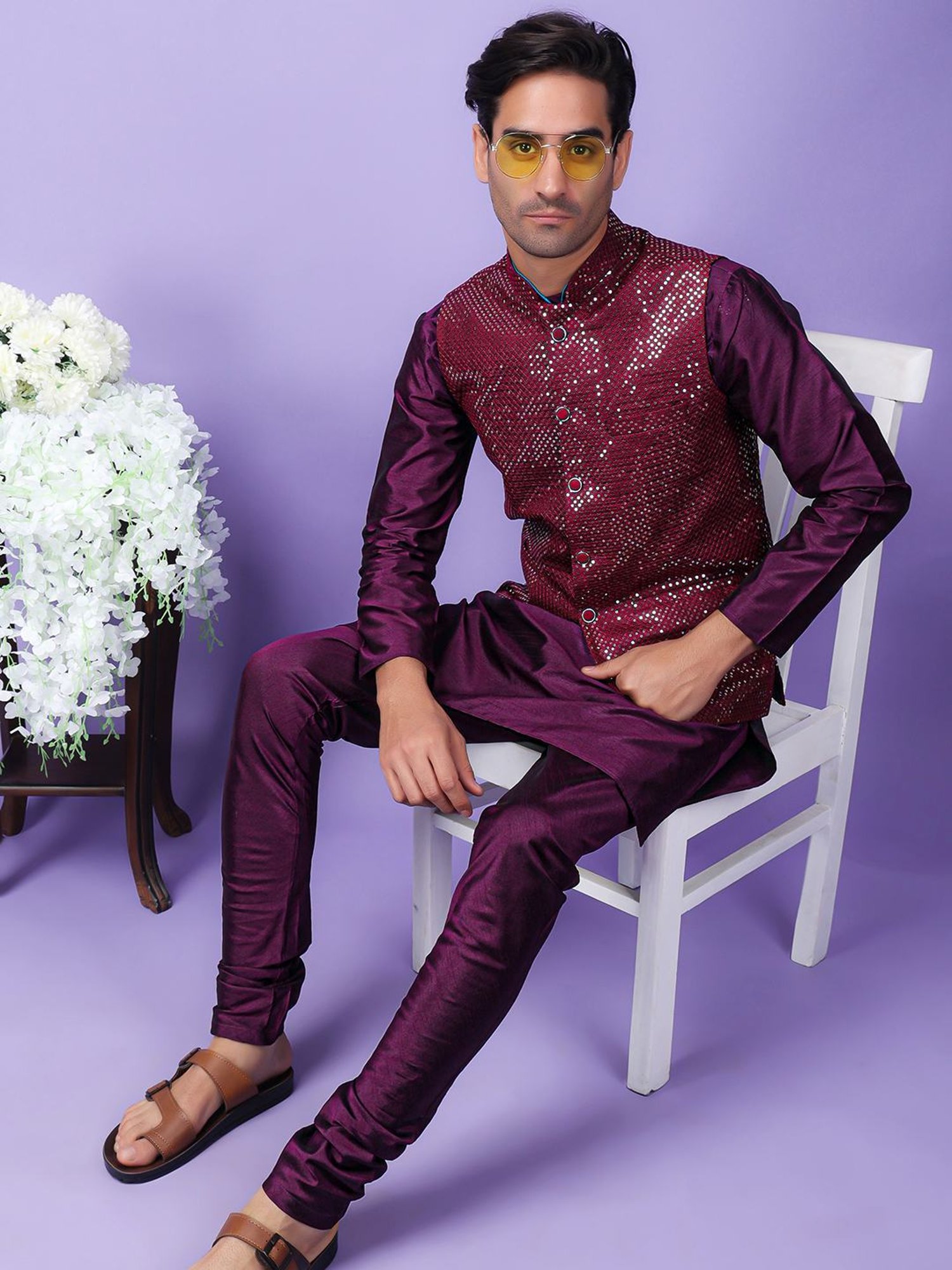 Hangup Purple Regular Fit Embroidered Kurta Set With Jacket