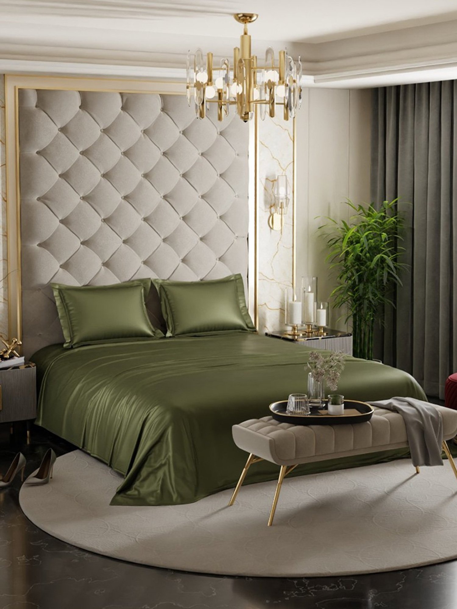 Stoa Paris Date Night Collection Olive Oasis Polyester 300 TC Double Bed Sheet With 2 Pillow Covers