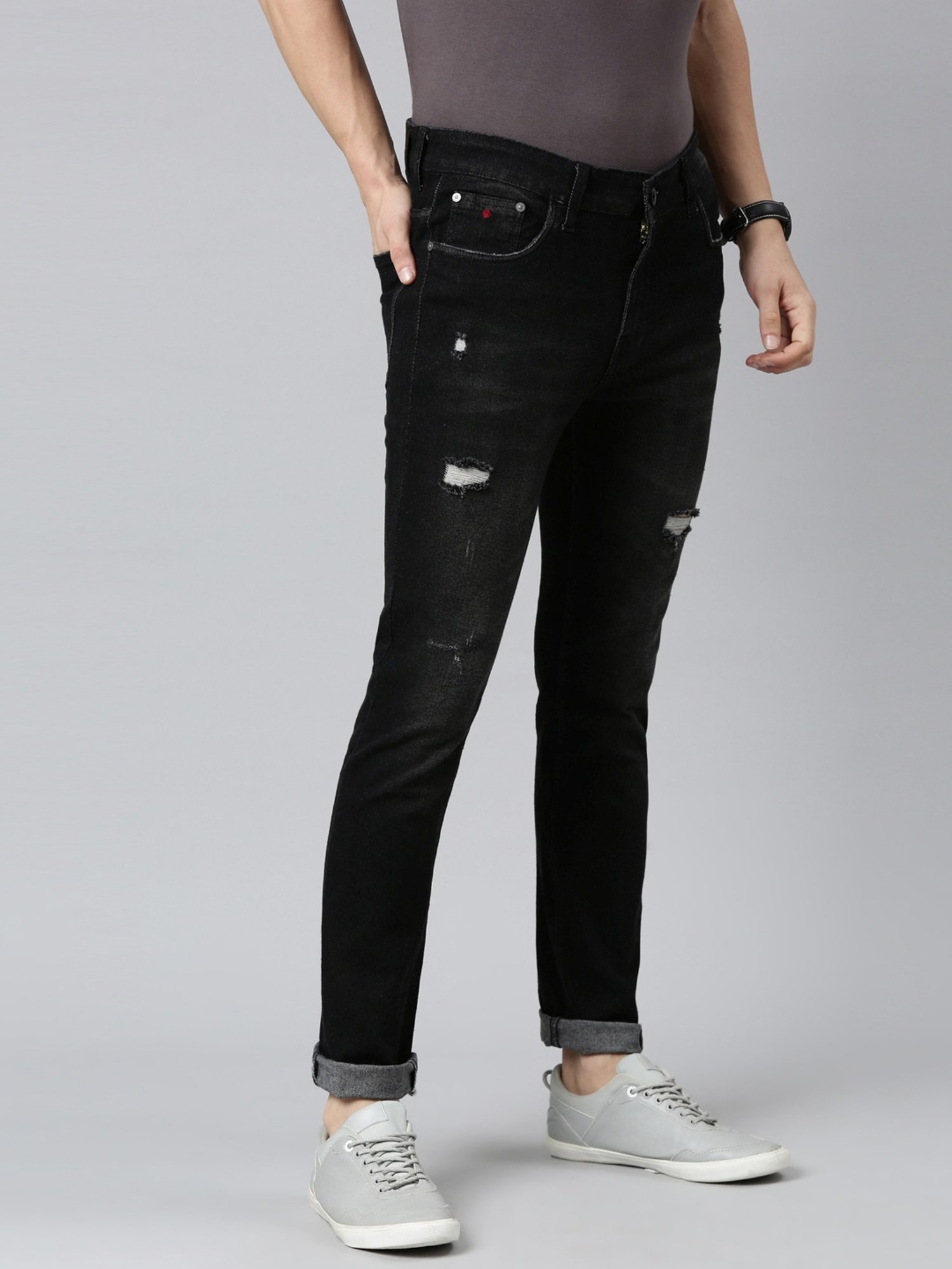 CINOCCI Cool Black Cotton Slim Fit Distressed Jeans