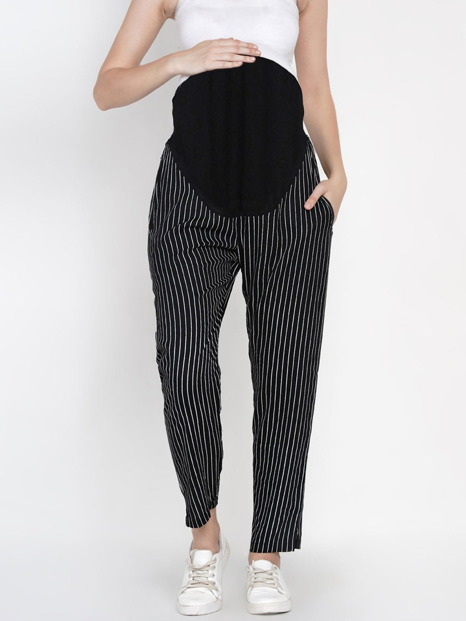 Mine4Nine Black & White Striped Maternity Pants