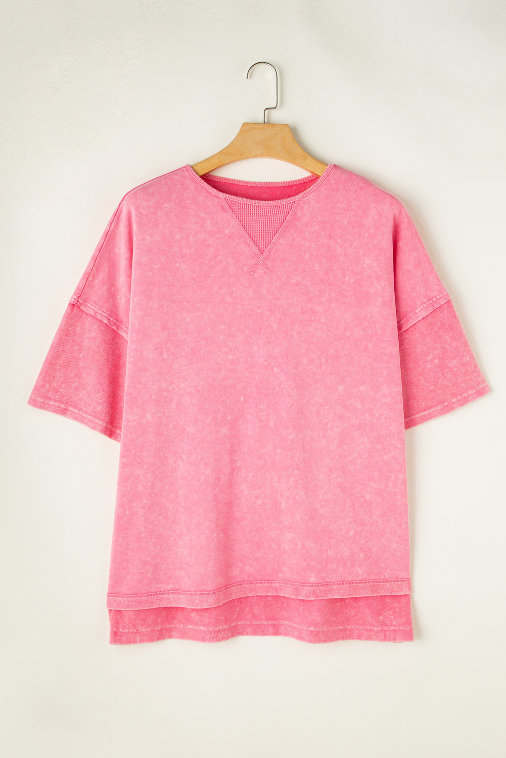Strawberry Pink Mineral Wash Drop Sleeve Patchwork Plus Size Tee