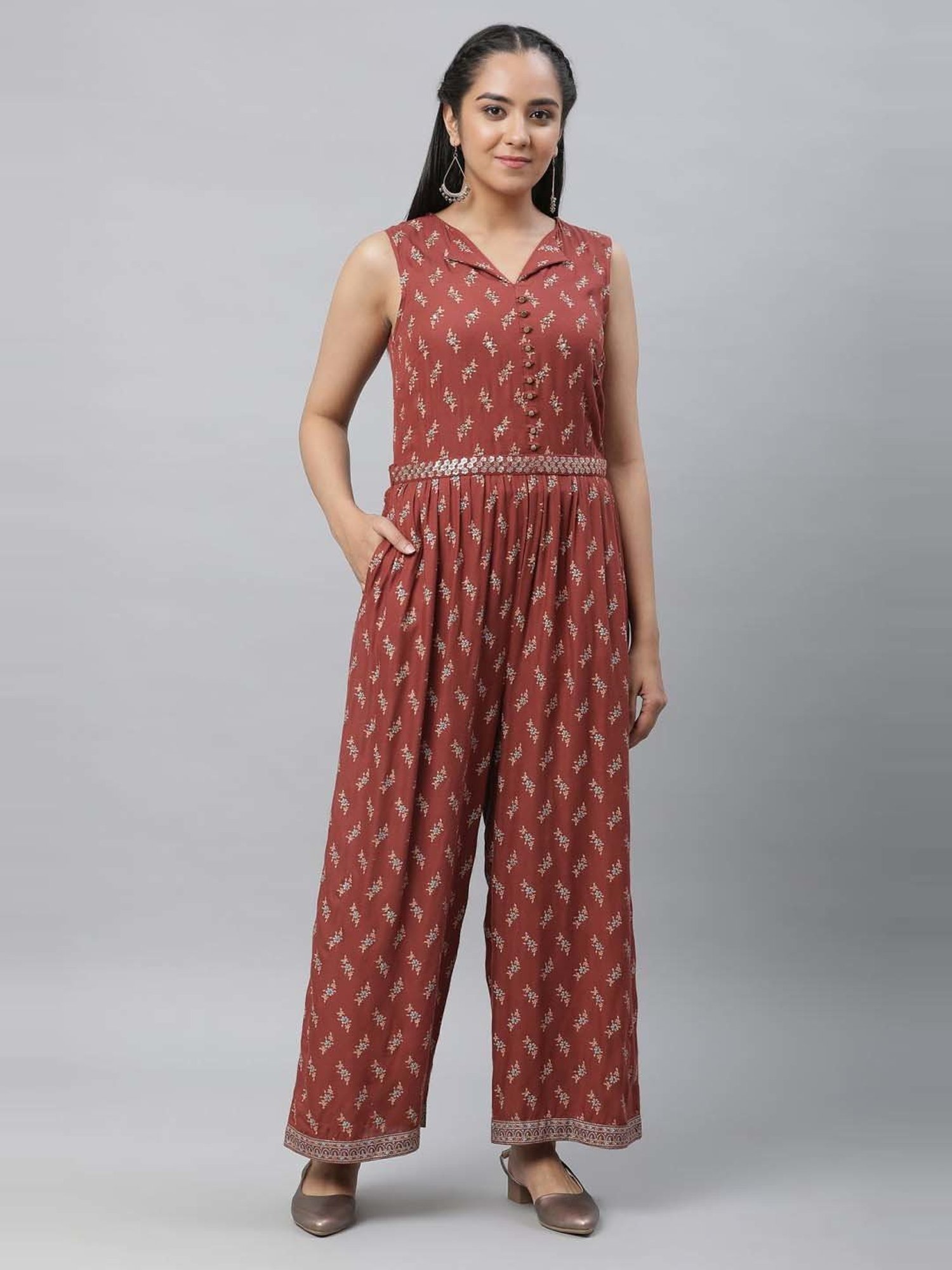 Aurelia Maroon Printed Jumpsuit With Jacket
