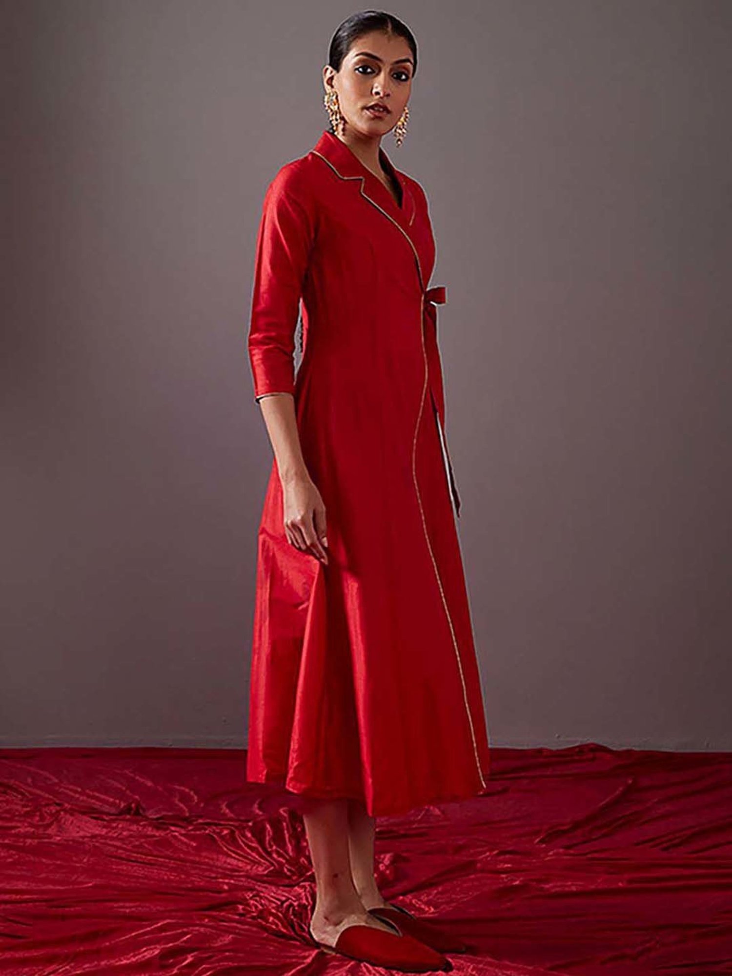 Abhishti Red Cotton A-Line Wrap Dress