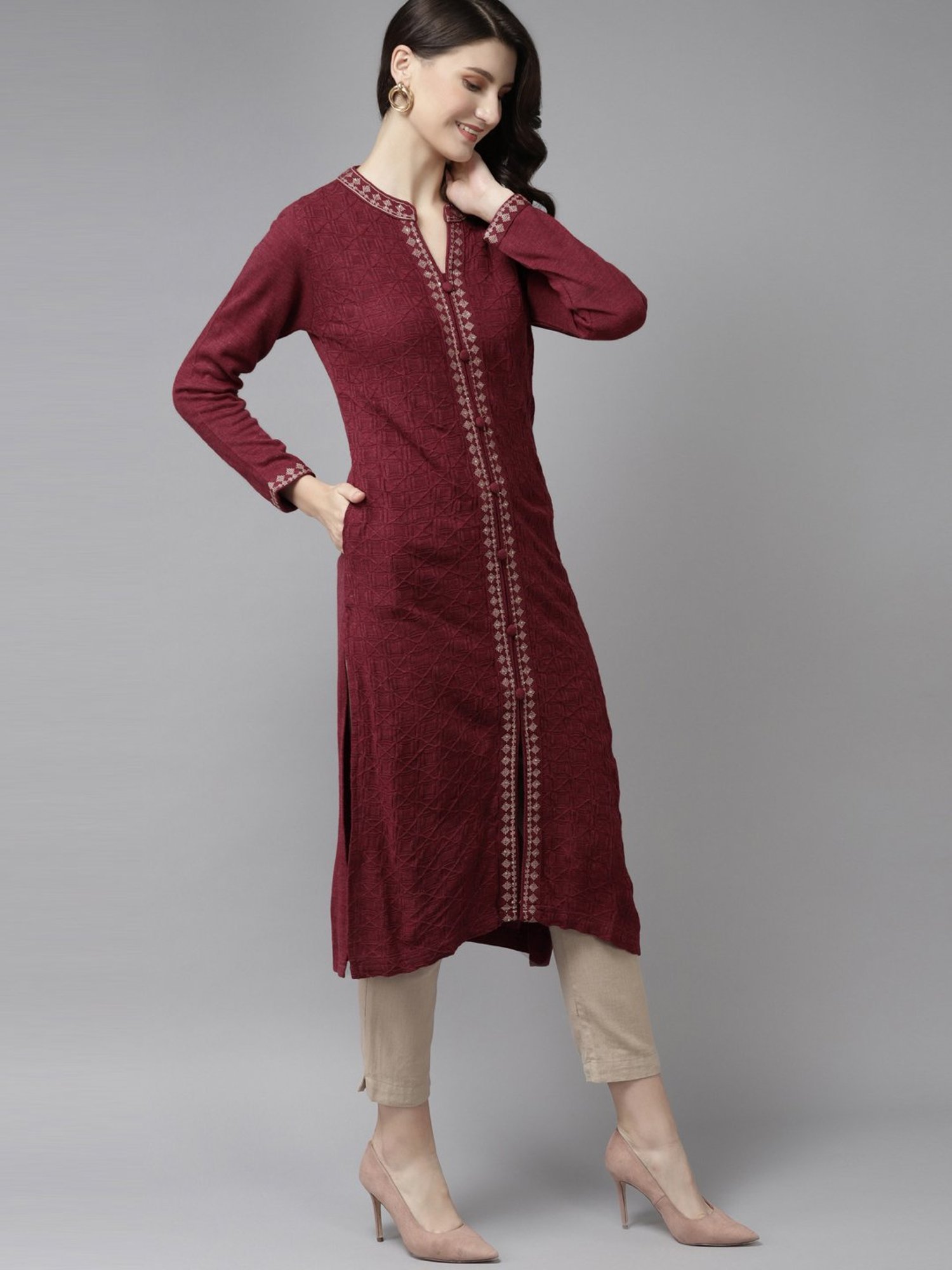 Cayman Maroon Wool Woven Pattern Straight Kurta