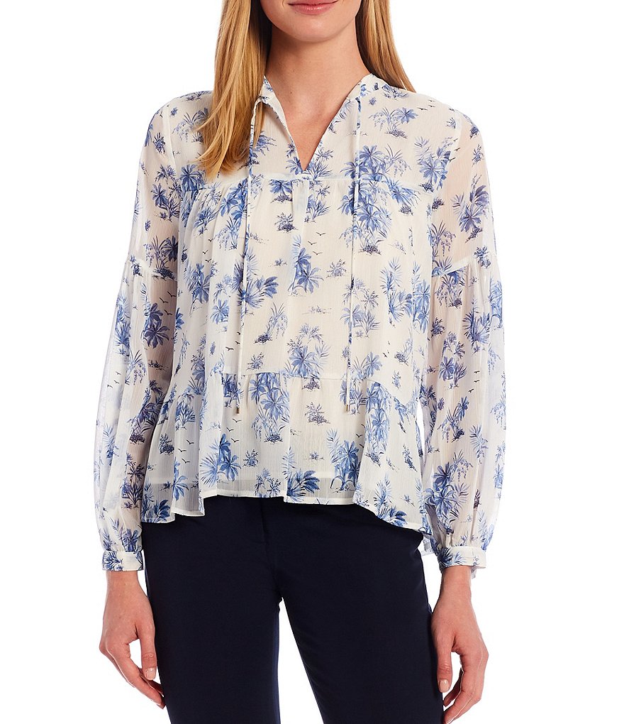 Preston & York Caroline Bow Woven V-Neck 3/4 Sleeve Blouse
