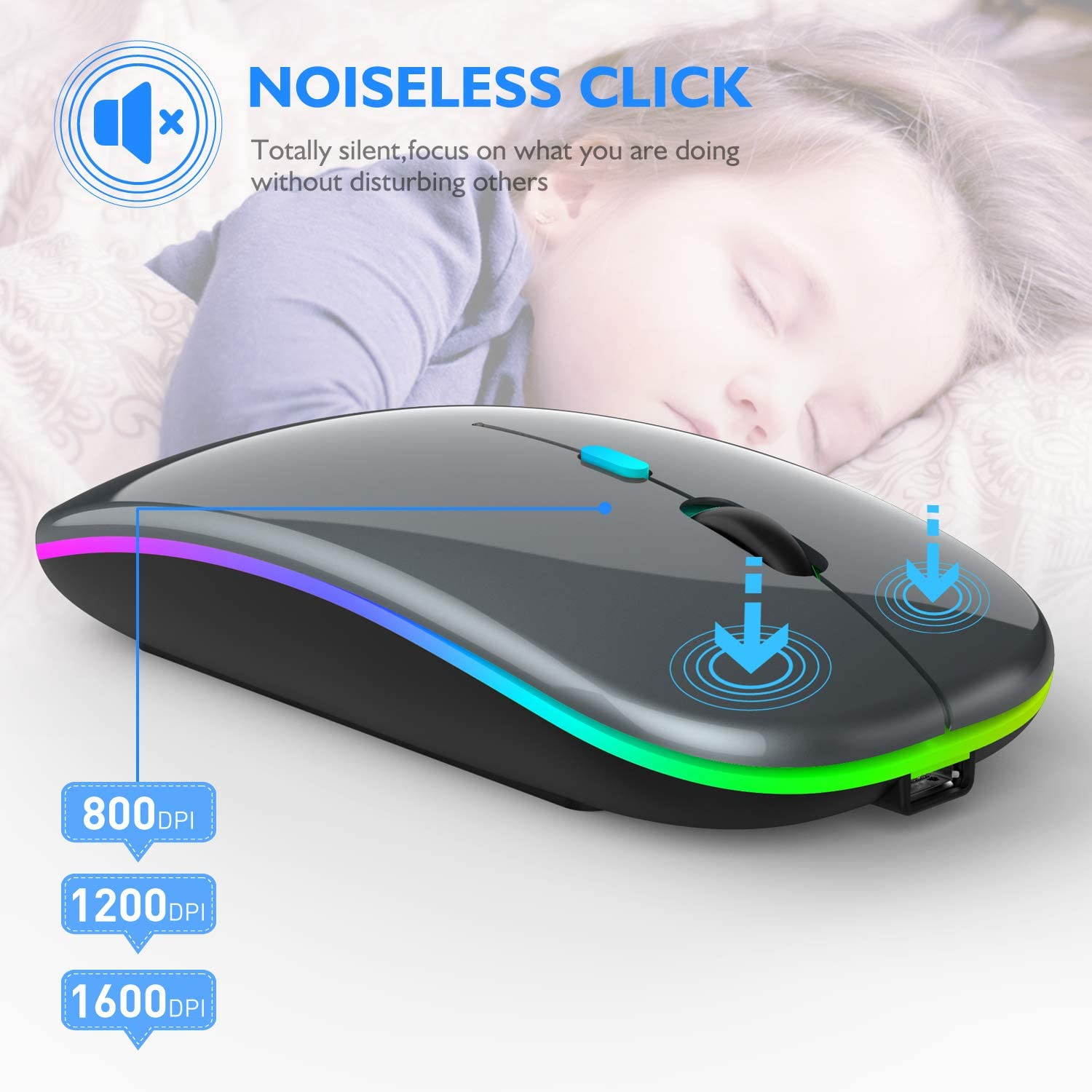 LED Bluetooth wireless mouse, MacBook Pro Bluetooth mouse, MacBook Air Bluetooth mouse, rechargeable wireless mouse, suitable for MacBook, laptop, Mac, ipad, iPad Pro (black)