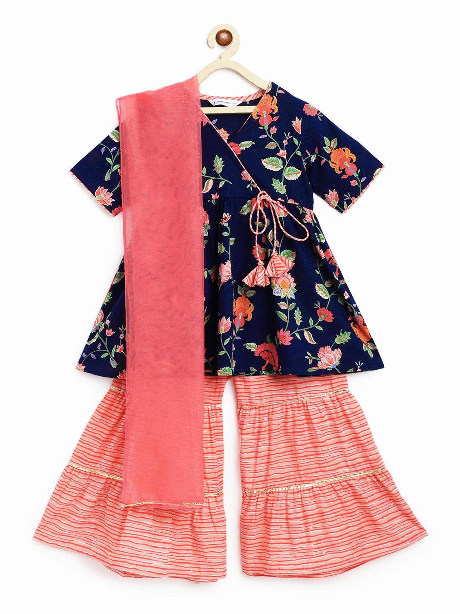 Campana Kids Navy & Peach Floral Print Kurta, Sharara with Dupatta