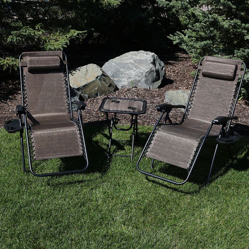 Sunnydaze Zero Gravity Reclining Lounge Chairs with Pillows and Cup Holders and Matching Table with Built-In Cup Holders - Dark Brown - 3-Piece Set