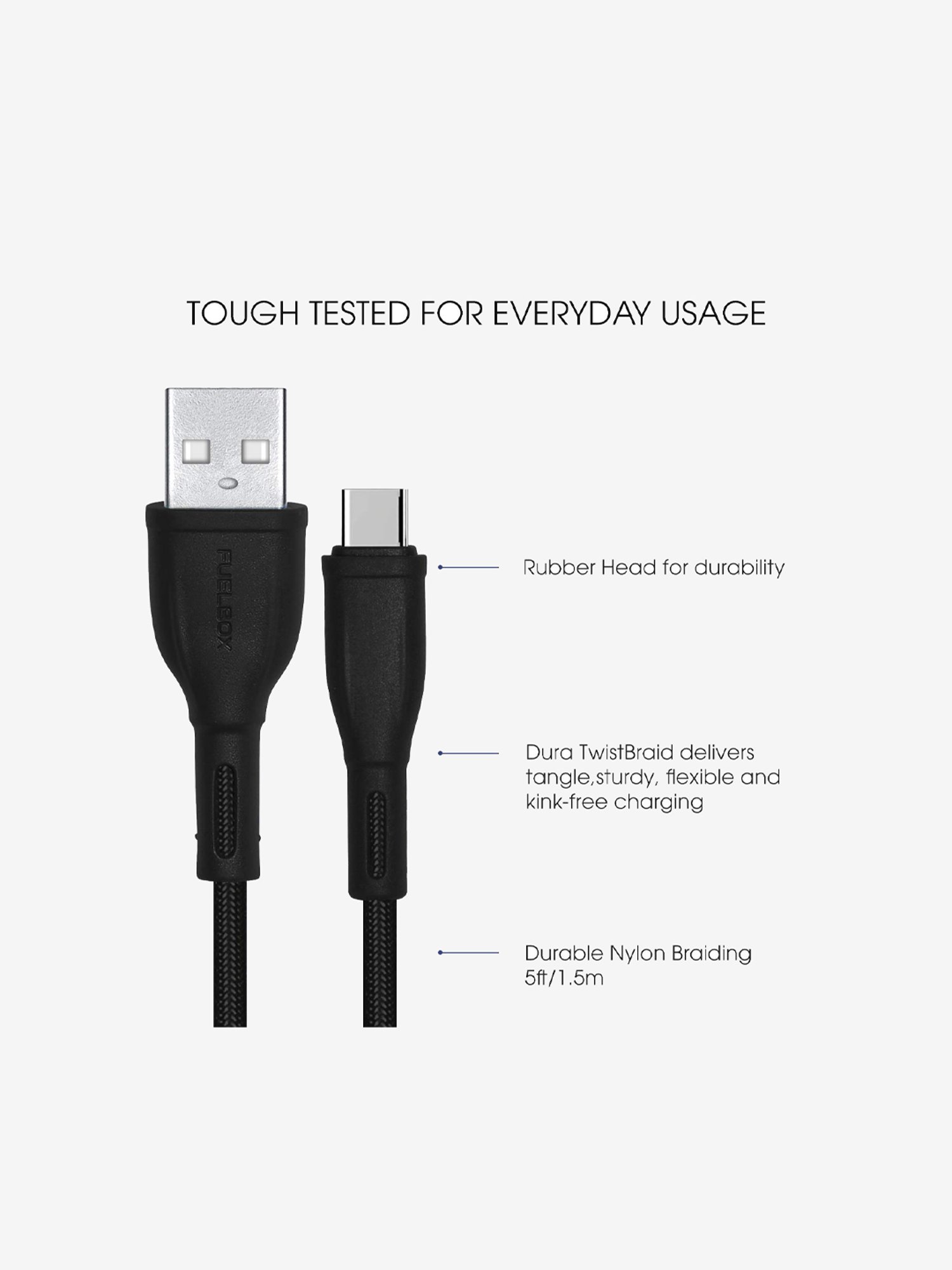 Fuelbox Nylon Extra Tough Tested Braided Cable With Ultra Flexible 1.5M (Black)