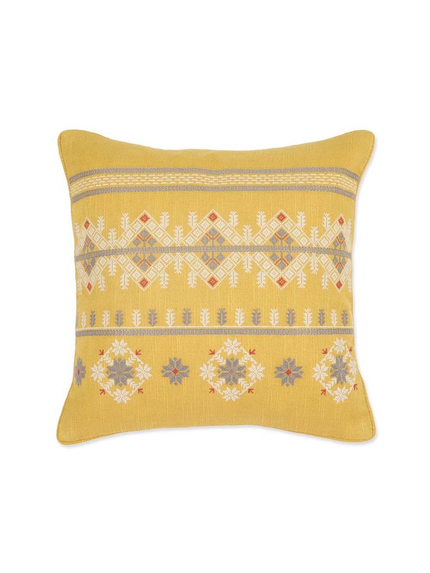 Fabindia Home Ahava Yellow Cotton Blend Embroidered Cushion Cover