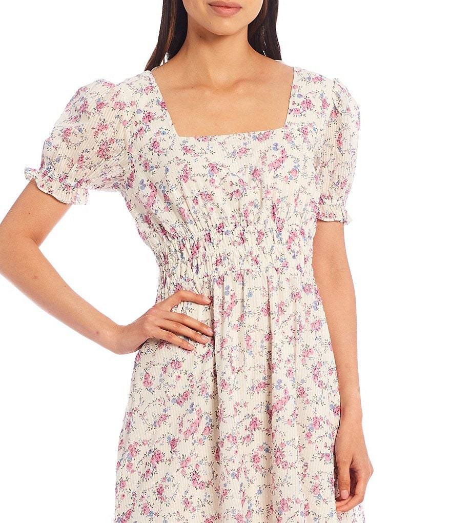 Shabby Chic Freya Floral Clip Dot Square Neck Puff Sleeve Midi Dress