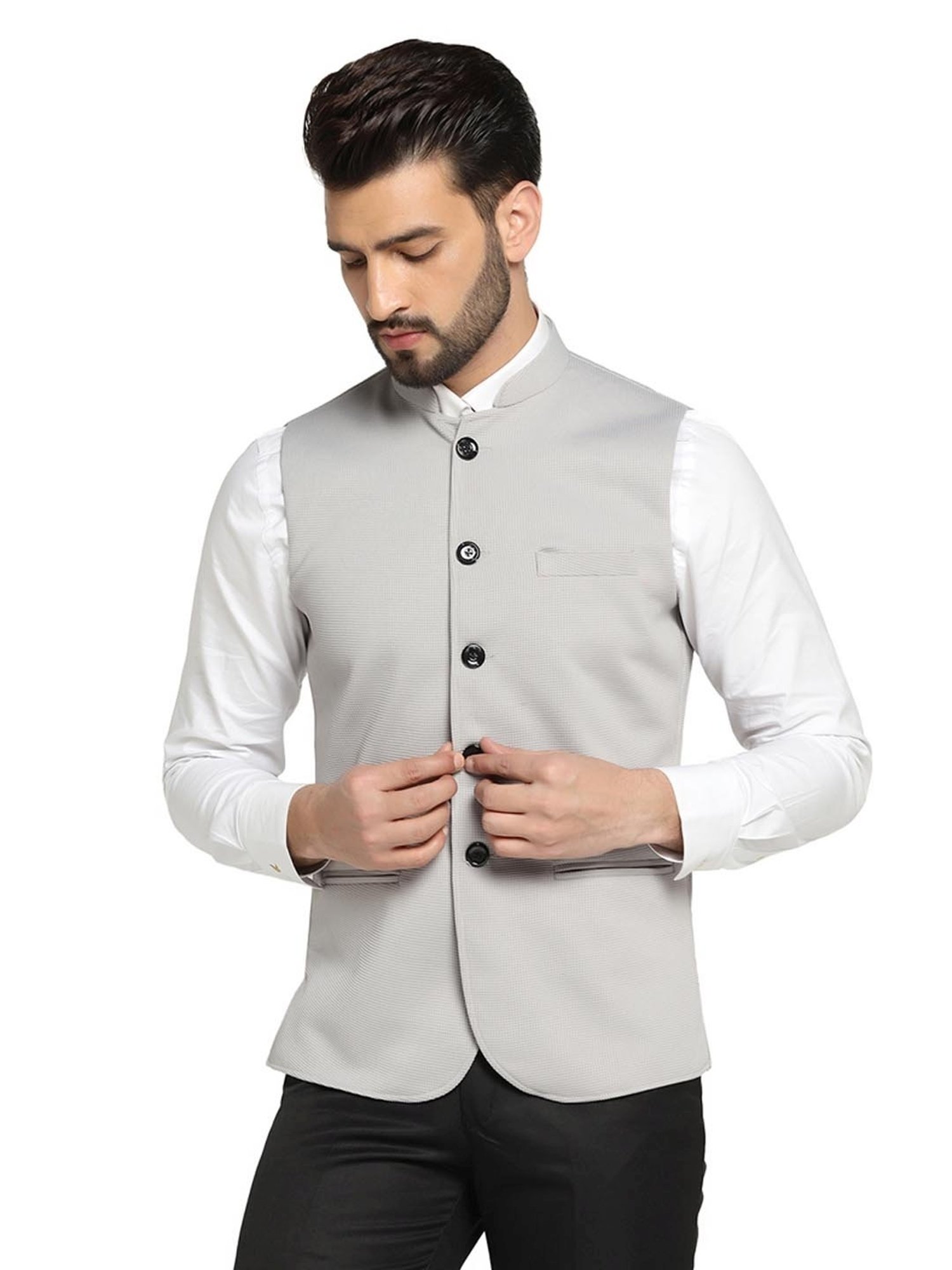 TAHVO Grey Satin Slim Fit Nehru Jacket