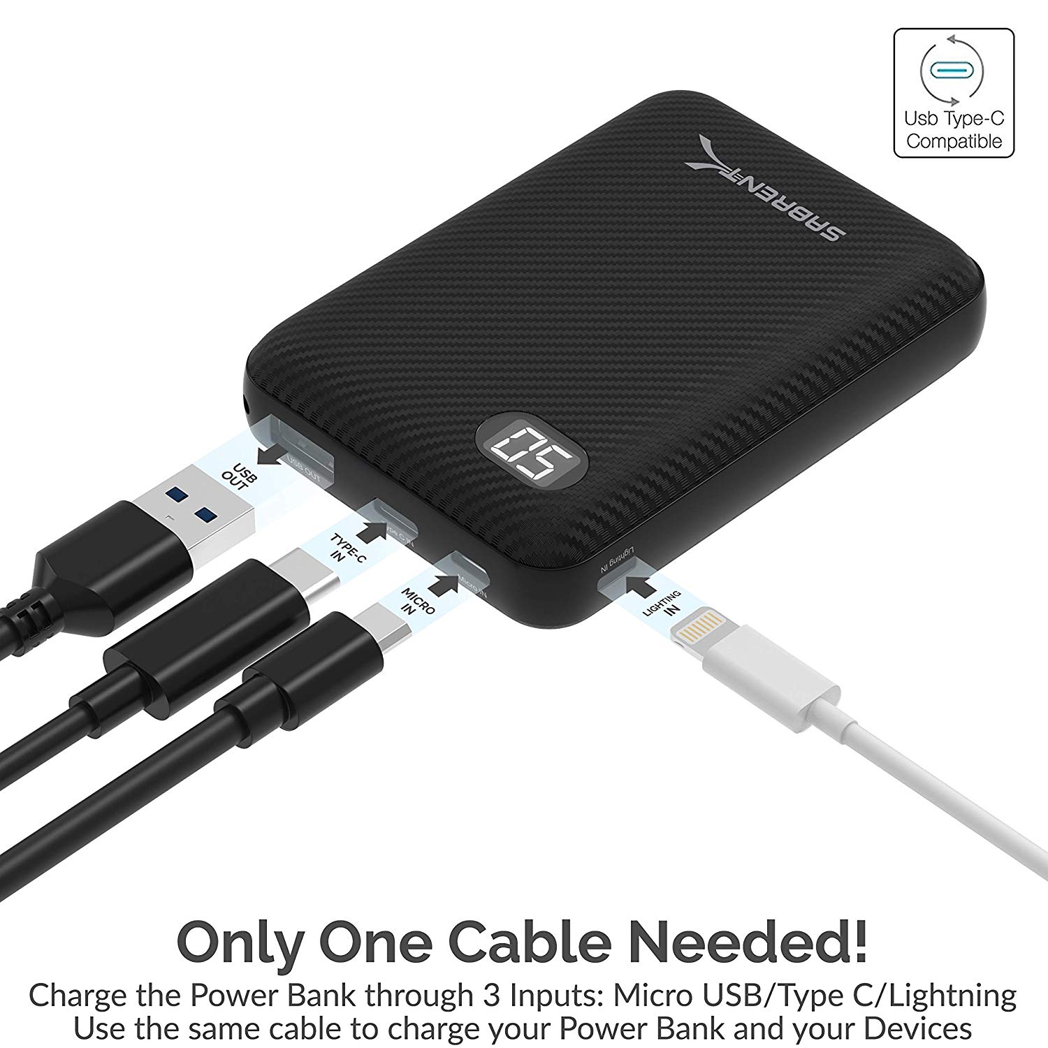 Sabrent 10000 mAh Mini Power Bank Portable Charger - One Cable Solution (PB-YS10)