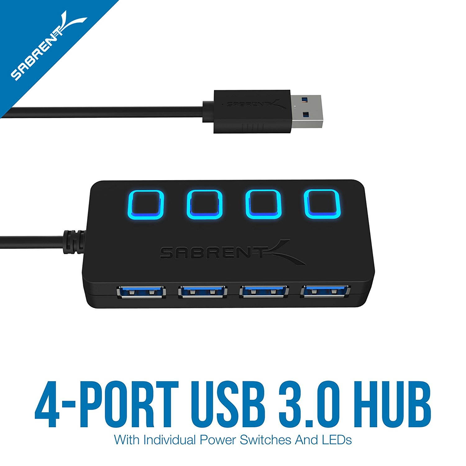 USB HUB, 4-Port USB 3.0 Hub with Individual Power Switches, LED Indicators Each Port , USB HUB Transfer Speeds up to 5Gbps, Compatible USB 2.0 / 1.1,Plug & Play and Hot Swappable