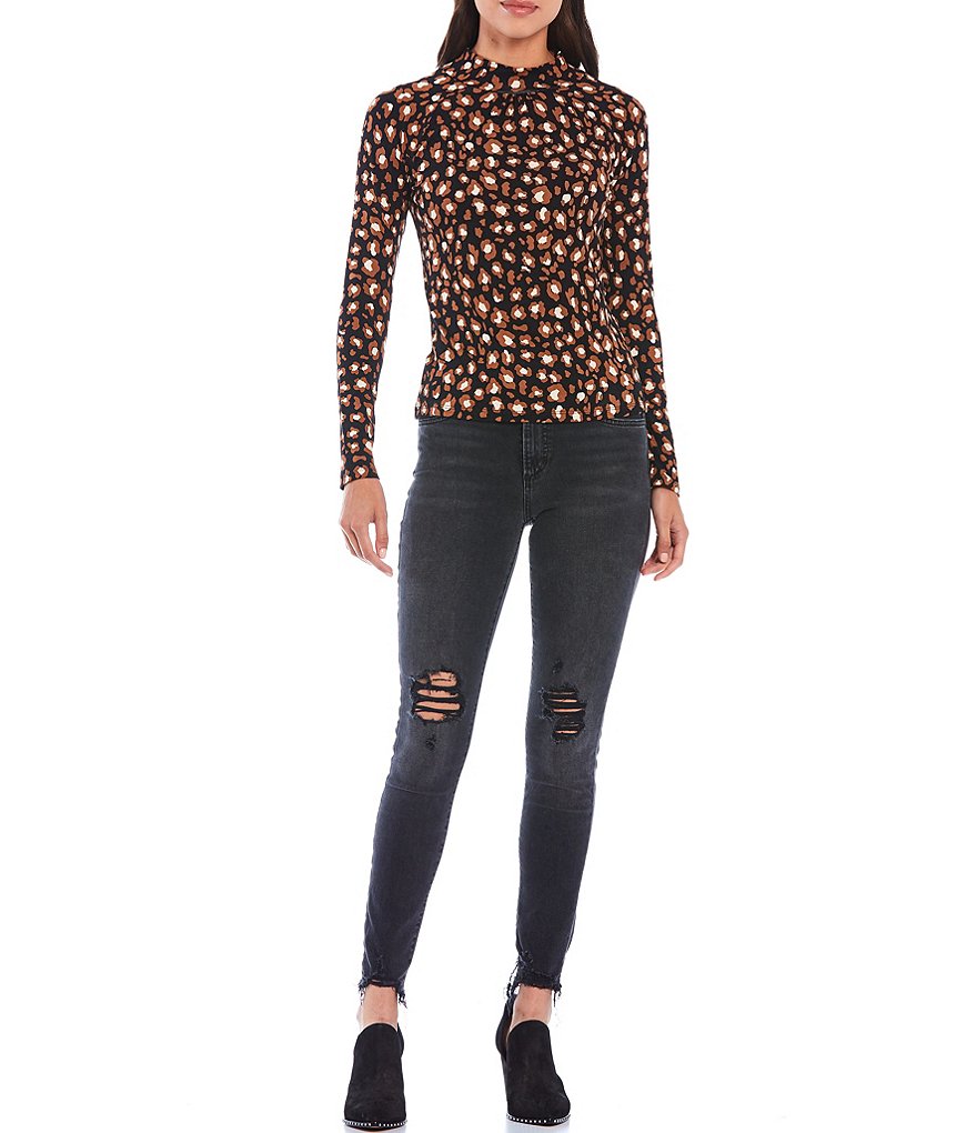 Skies Are Blue Leopard Print Mock Neck Long Sleeve Top