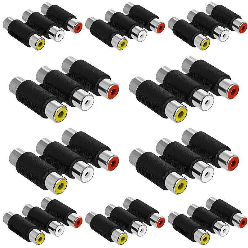 3-RCA Jacks Coupler - White/Red/Yellow Female RCA Connector Composite Video Cable Extension Adapter - (10 Pack)