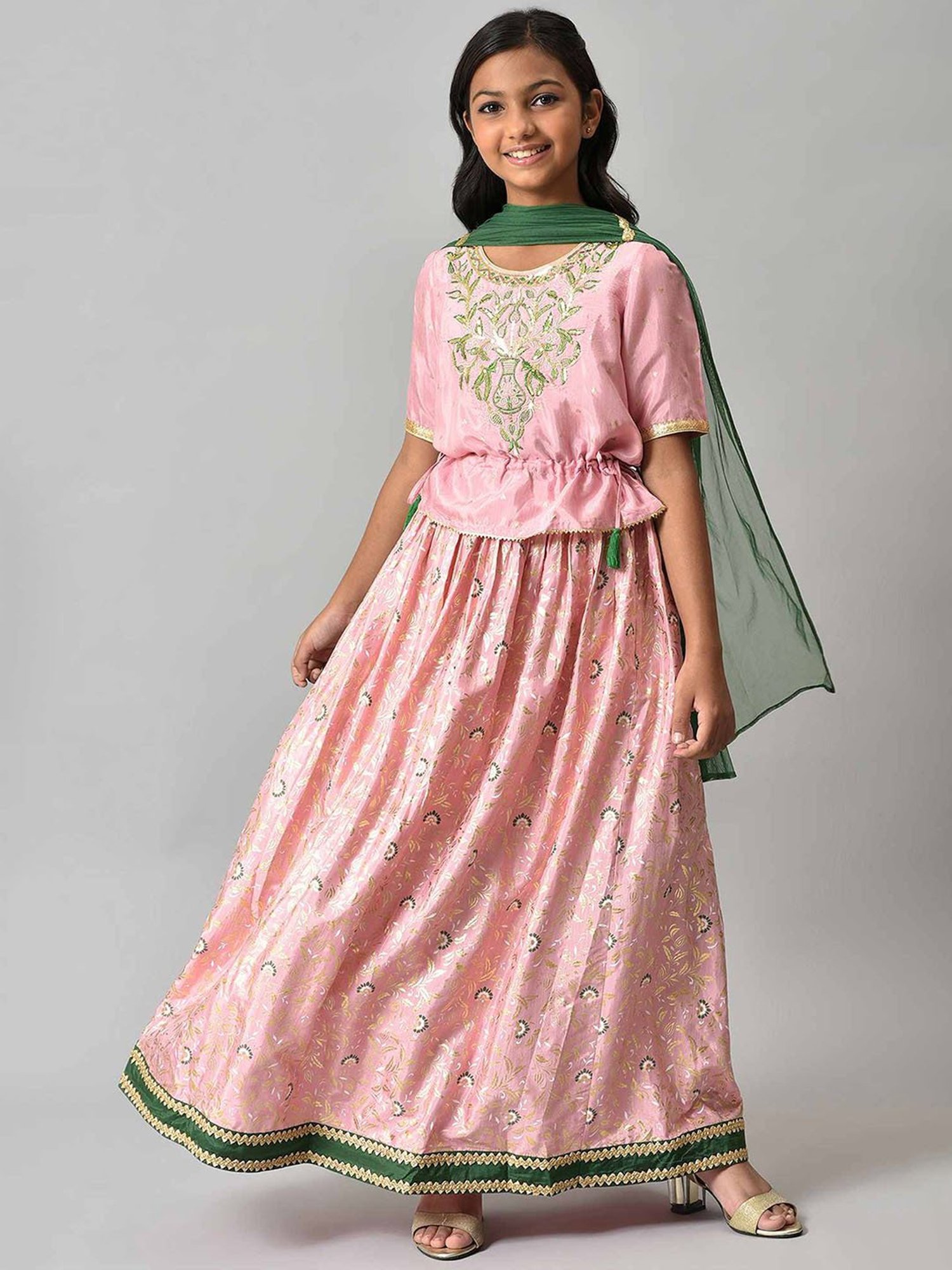 Aurelia Kids Pink & Green Embroidered Top, Skirt with Dupatta