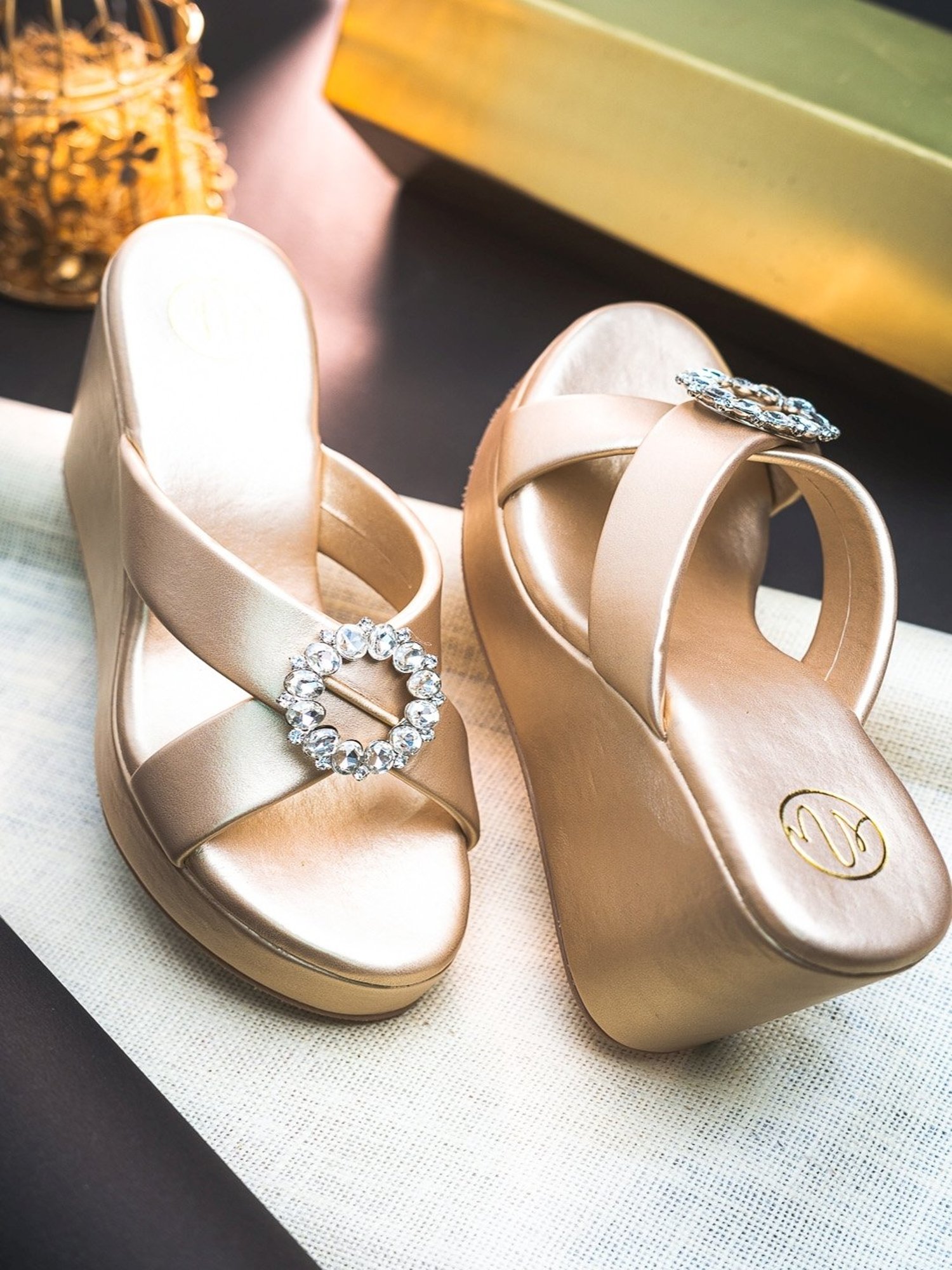 NR by Nidhi Rathi Women's Golden Cross Strap Wedges