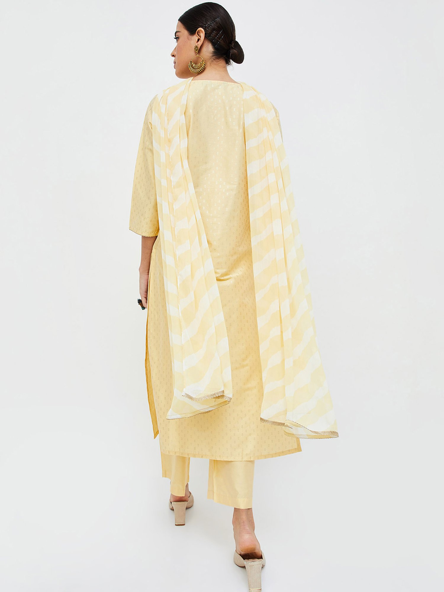 Melange by Lifestyle Light Yellow Embellished Kurta With Pants & Dupatta